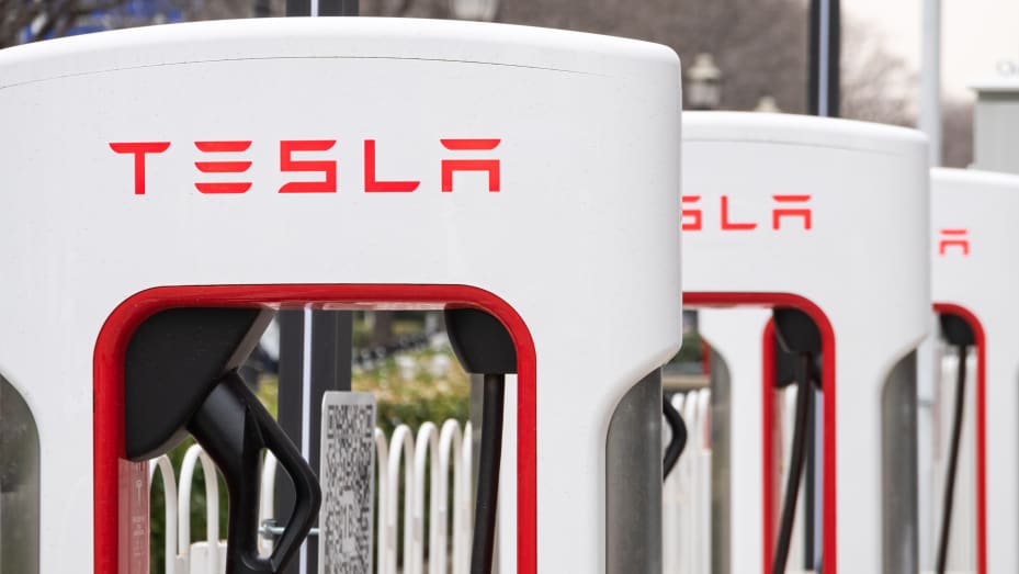 Tesla Superchargers are seen at a charging station on March 17, 2023 in Beijing, China.