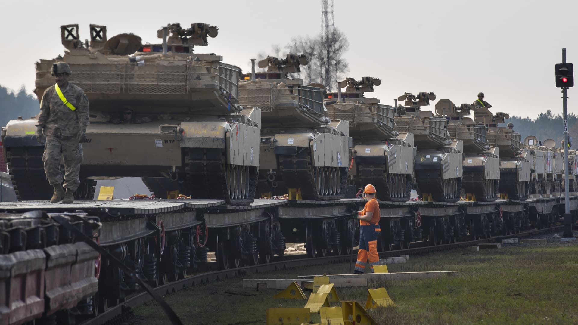 Abrams battle tanks from the US Army's, 1st Armoured Battalion of the 9th Regiment, 1st Division from Fort Hood in Texas, part of the Atlantic resolve operation, arrive at the Pabrade railway station some 50 km (31 miles) north of the capital Vilnius, Lithuania, Monday, Oct. 21, 2019.
