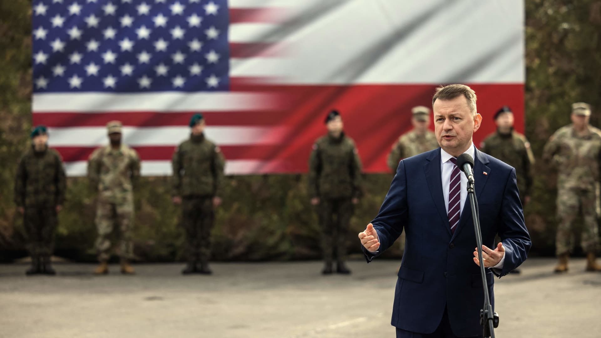 Polish deputy prime minister and minister of defence Mariusz Blaszczak speaks during the inauguration ceremony of the permanent US Army Garrison Poland, at Camp Kosciuszko in Poznan, on March 21, 2023. 