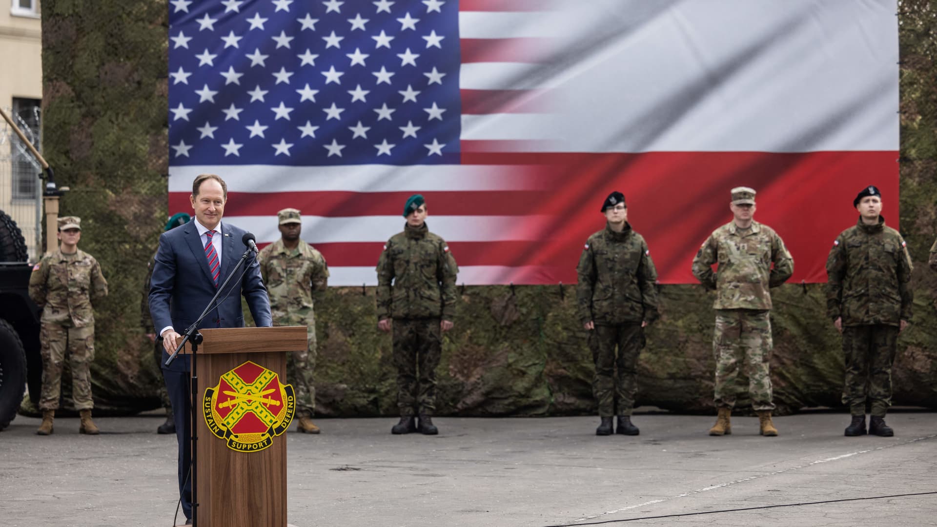 US ambassador to Poland Marek Brzezinski speaks during the inauguration ceremony of the permanent US Army Garrison Poland, at Camp Kosciuszko in Poznan, on March 21, 2023. 