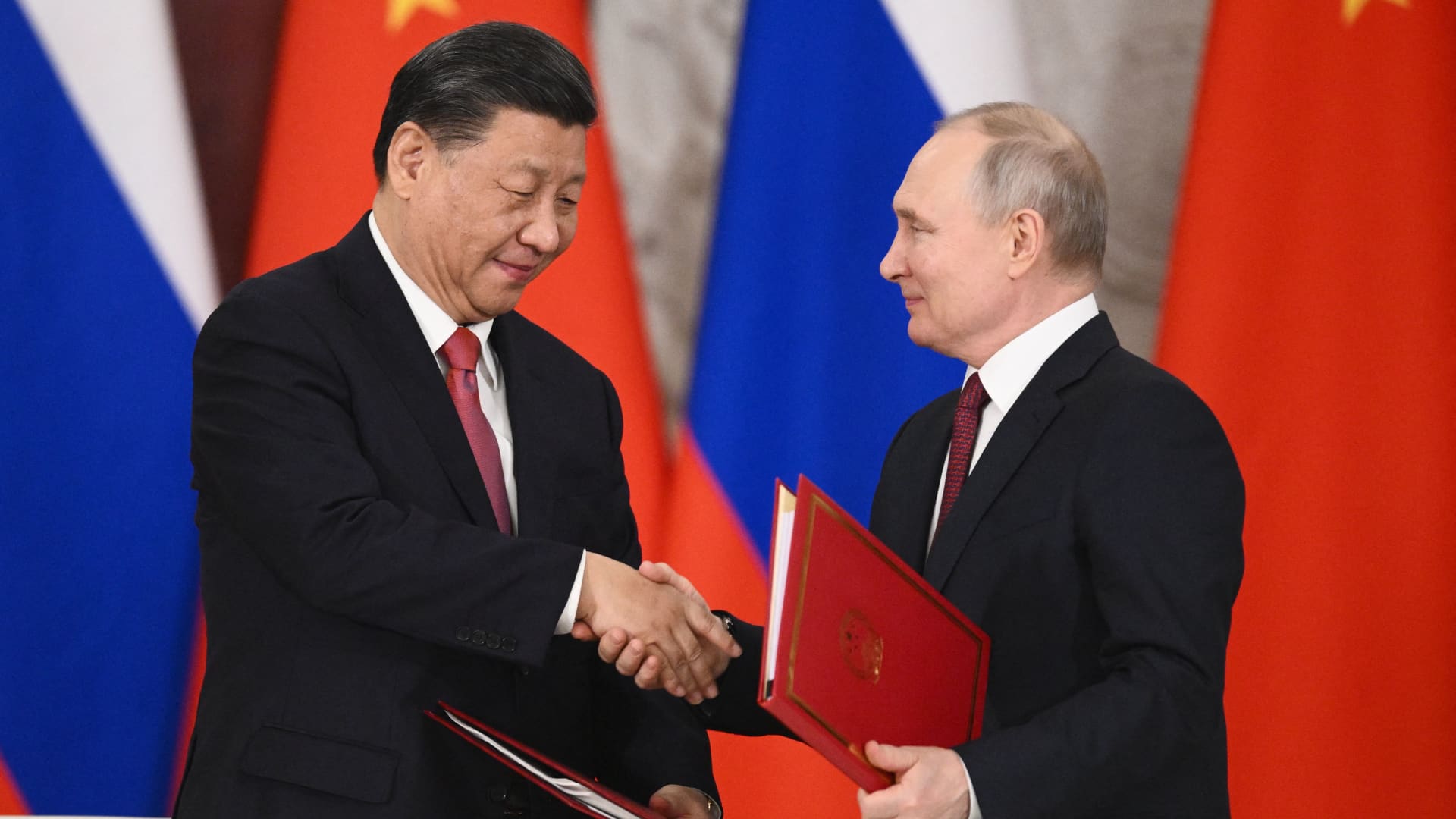 Russian President Vladimir Putin and Chinese President Xi Jinping at a signing ceremony after their talks at the Kremlin in Moscow on March 21, 2023.