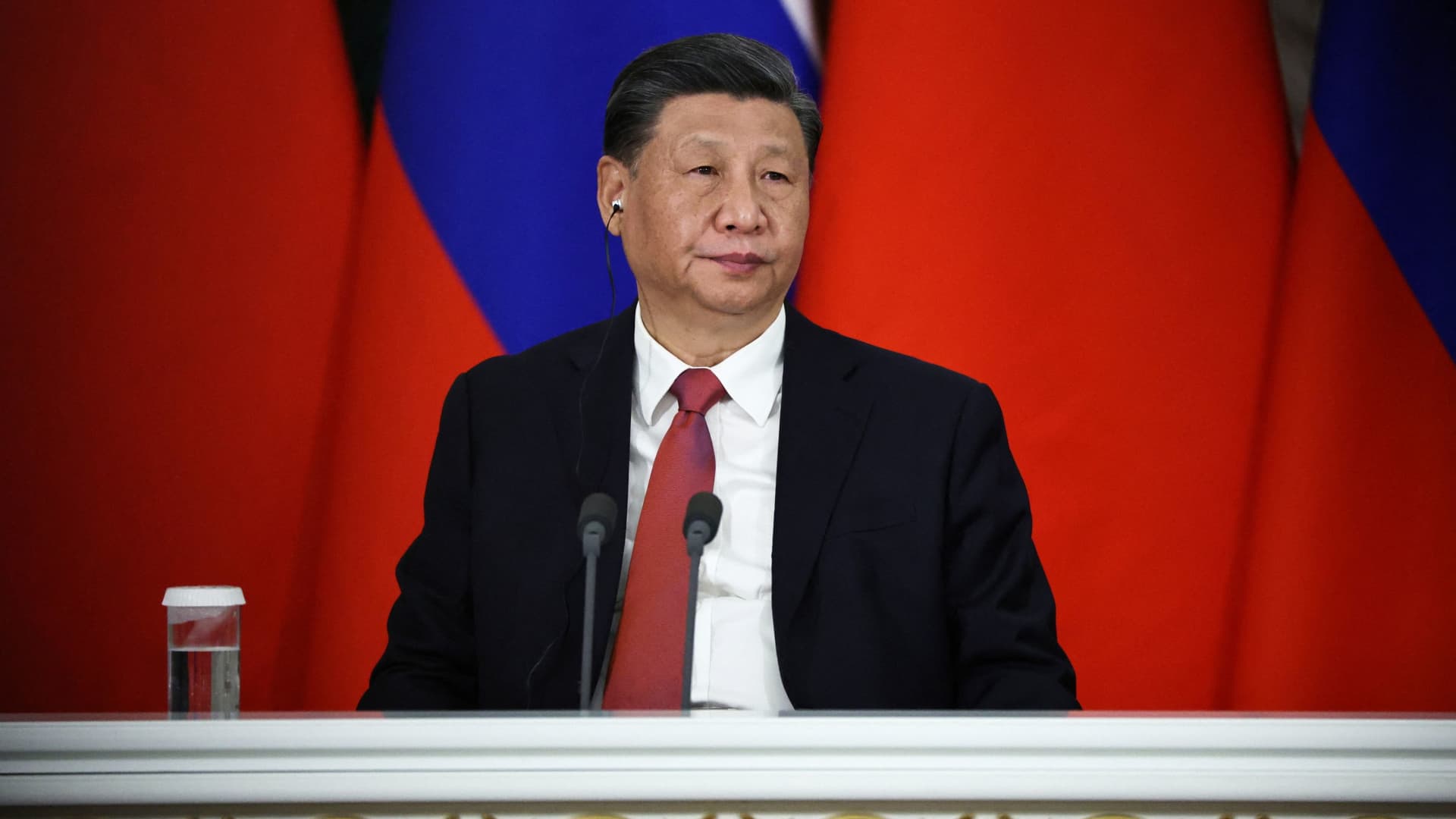 Chinese President Xi Jinping attends a joint statement with Russian President Vladimir Putin following their talks at the Kremlin in Moscow, Russia March 21, 2023. 