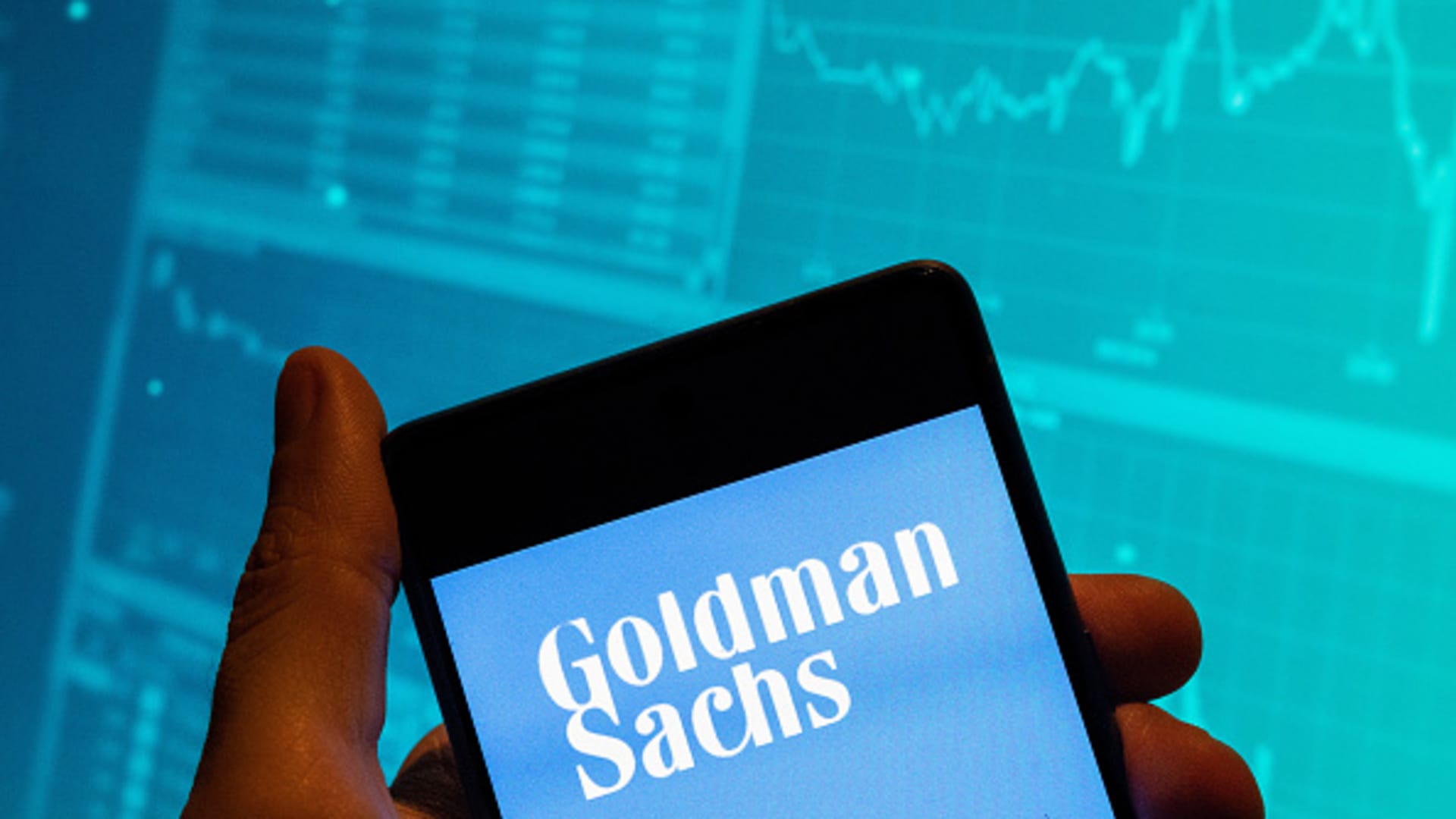 The Goldman Sachs logo displayed on a smartphone.