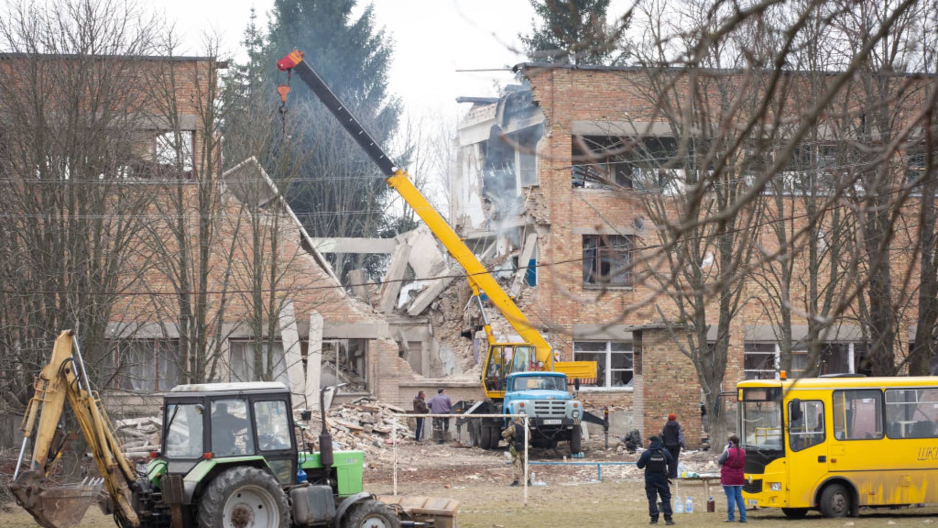 A residential building damaged after Russia conducted a drone attack in the town of Rzhyshchiv in Kyiv, Ukraine, on March 22, 2023.
