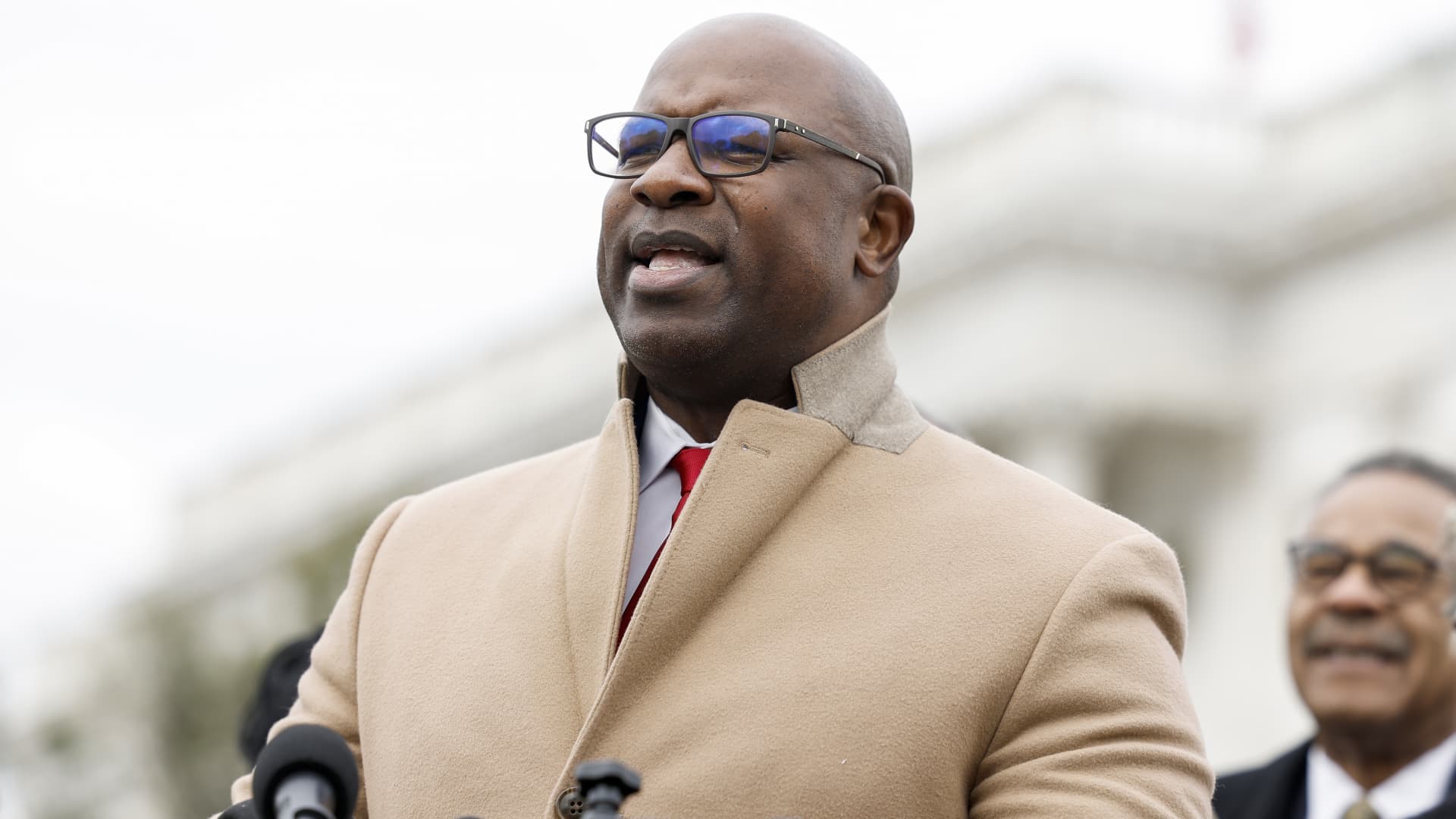 Rep. Jamaal Bowman (D-NY) speaks at a news conference outside the U.S. Capitol Building on February 02, 2023 in Washington, DC.