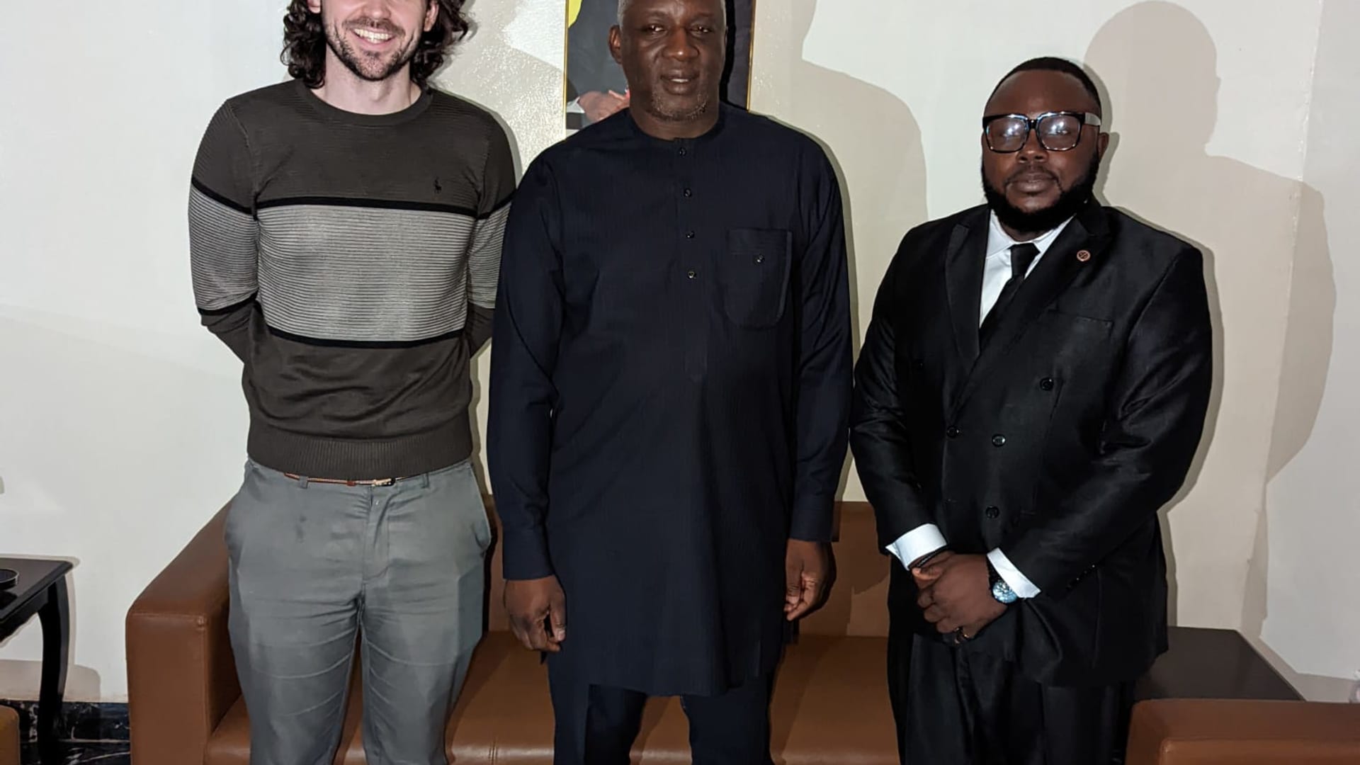 Yellow Card CEO Chris Maurice with his Cameroonian lawyer, Jonie Fonyam, and Central African Republic's Minister for Public Works, Pascal Koyagbele. 