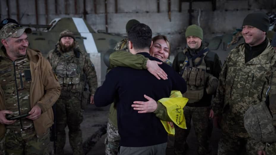 BAKHMUT, UKRAINE - MARCH 22: (----EDITORIAL USE ONLY â MANDATORY CREDIT - 'UKRAINIAN PRESIDENCY / HANDOUT' - NO MARKETING NO ADVERTISING CAMPAIGNS - DISTRIBUTED AS A SERVICE TO CLIENTS----) Ukrainian President Volodymyr Zelenskyy embraces a Ukrainian soldier during his visit to Bakhmut frontline amid Russia-Ukraine war in Donetsk region, Bakhmut, Ukraine on March 22, 2023. (Photo by Ukrainian Presidency / Handout/Anadolu Agency via Getty Images)