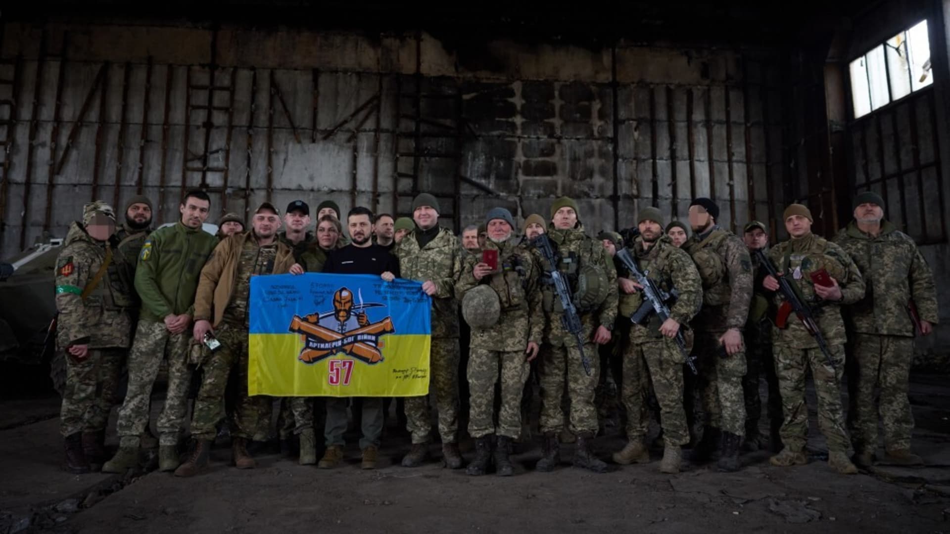 Ukrainian President Volodymyr Zelenskyy (5th L) poses for a photo with Ukrainian soldiers during his visit to Bakhmut frontline amid Russia-Ukraine war in Donetsk region, Bakhmut, Ukraine on March 22, 2023.