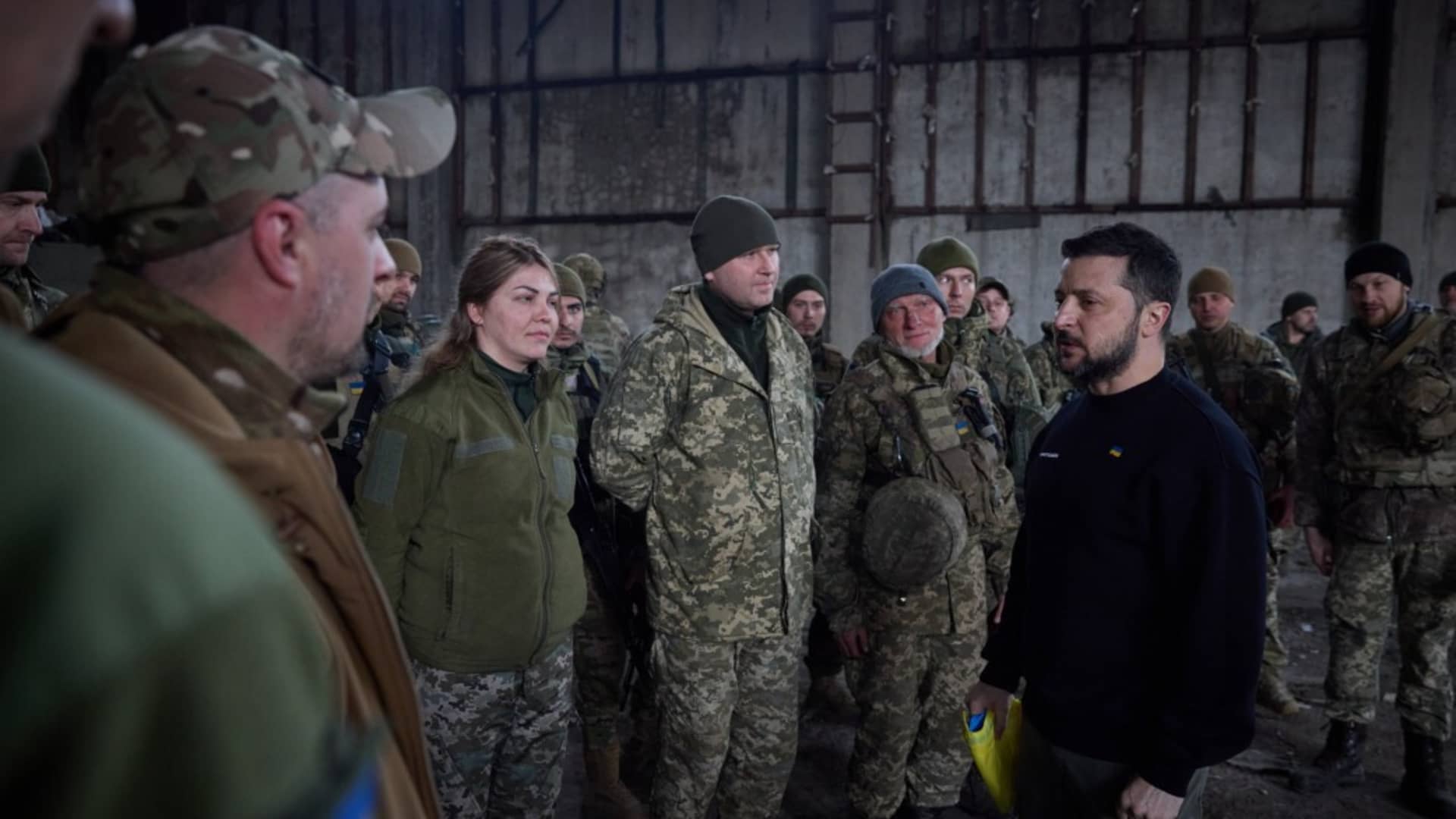 Ukrainian President Volodymyr Zelenskyy (R) visit Ukrainian soldiers on Bakhmut frontline amid Russia-Ukraine war in Donetsk region, Bakhmut, Ukraine on March 22, 2023.