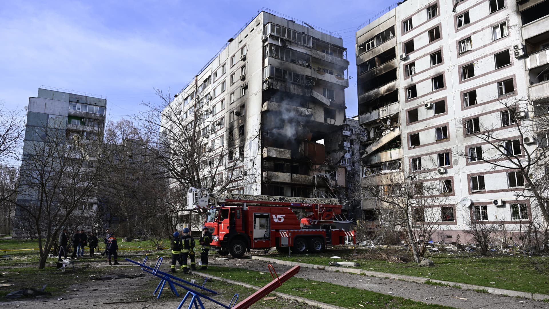 Search and rescue and fire extinguishing efforts continue folllowing the attacks carried out by Russian forces in Ukraine's Zaporizhzhia on March 22, 2023 as Russian-Ukrainian war continues. 