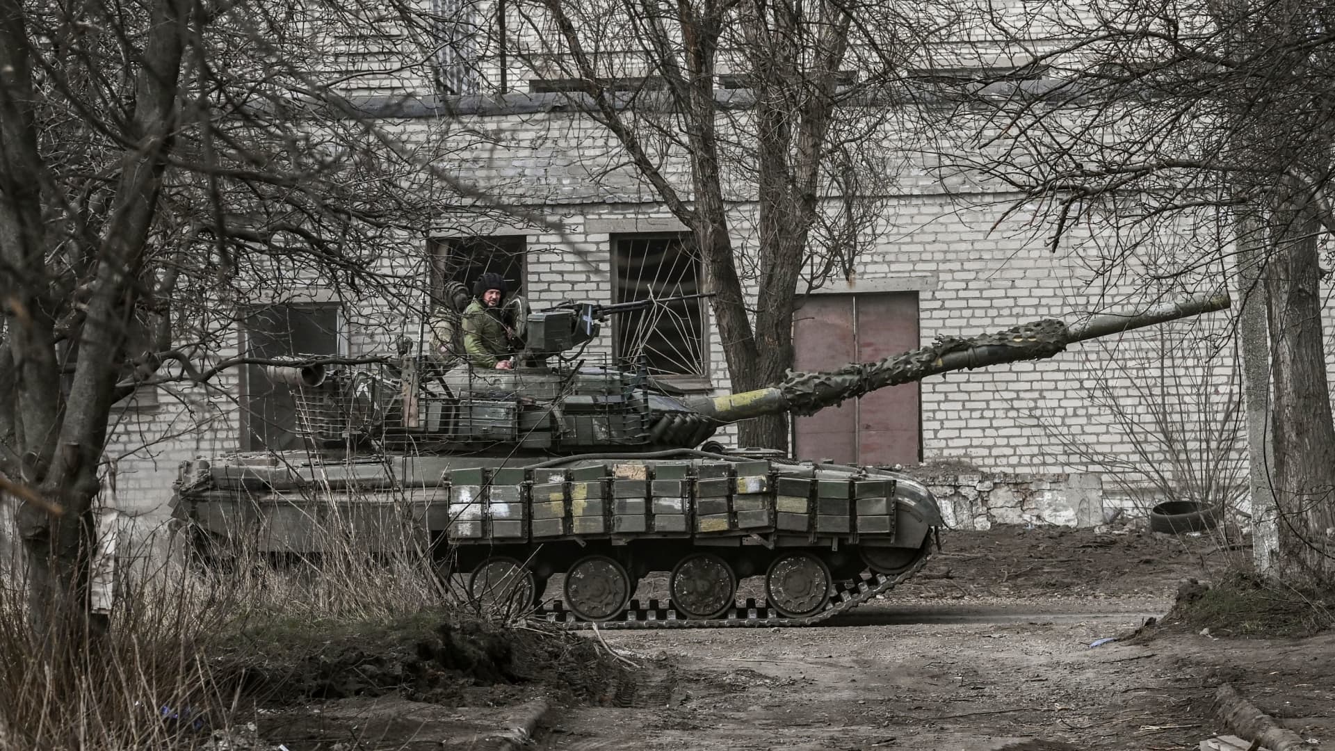 Ukrainian servicemen head toward Bakhmut in a BMP infantry fighting vehicle, in eastern Ukraine on March 22, 2023.