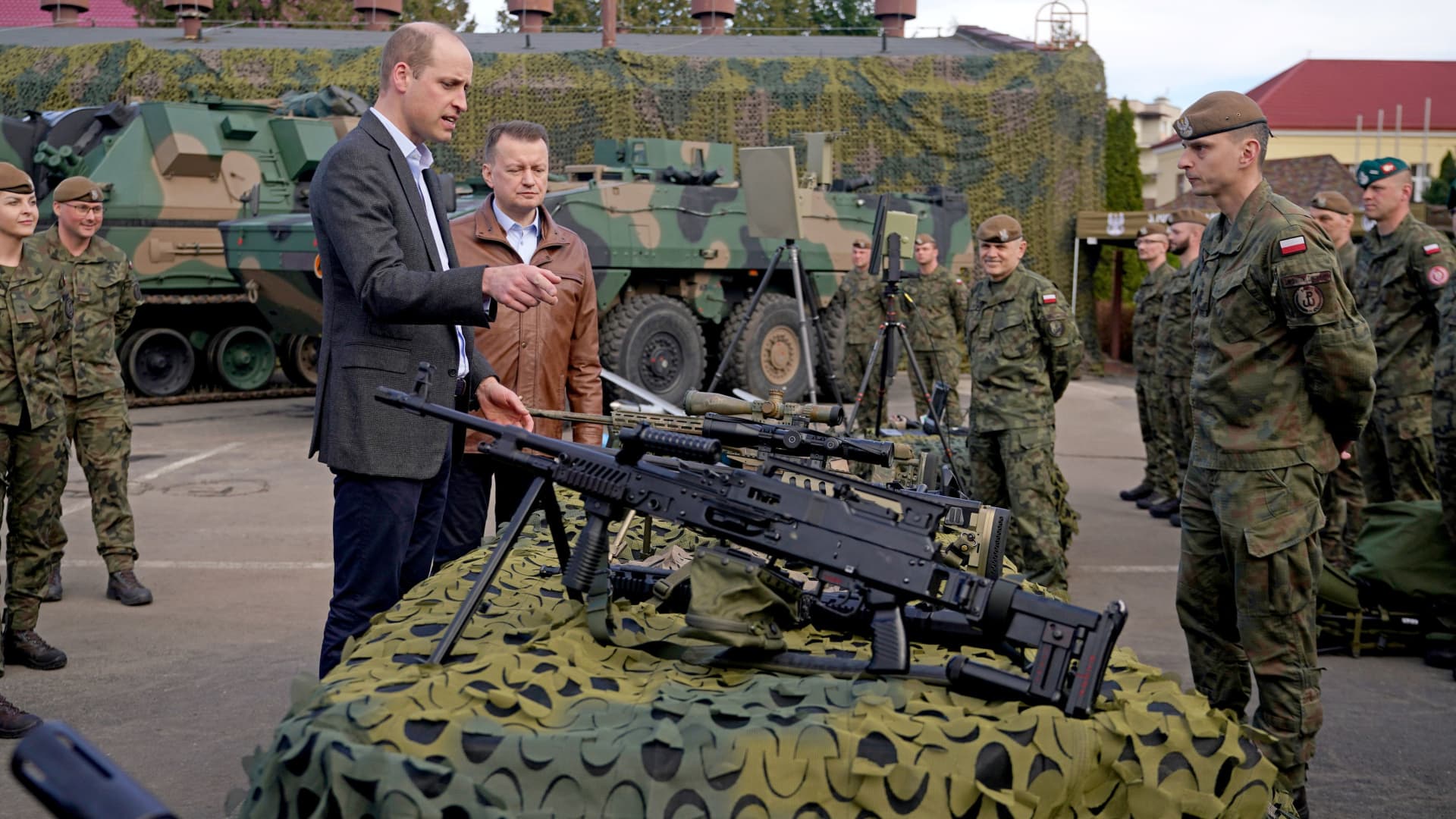 The Prince of Wales viewing military hardware with Polish Deputy Prime Minister and Minister of National Defence, Mariusz Blaszczak, during a visit to the 3rd Brigade Territorial Defence Force base, in Rzeszow, Poland, that has been heavily involved in providing support to Ukraine, March 22, 2023. PA Photo. 