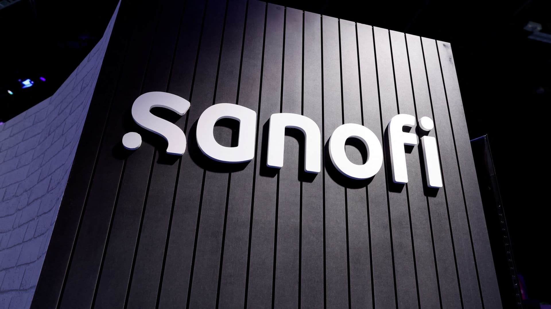 A logo on the Sanofi exhibition space at the Viva Technology conference dedicated to innovation and startups at Porte de Versailles exhibition center in Paris, France June 15, 2022.