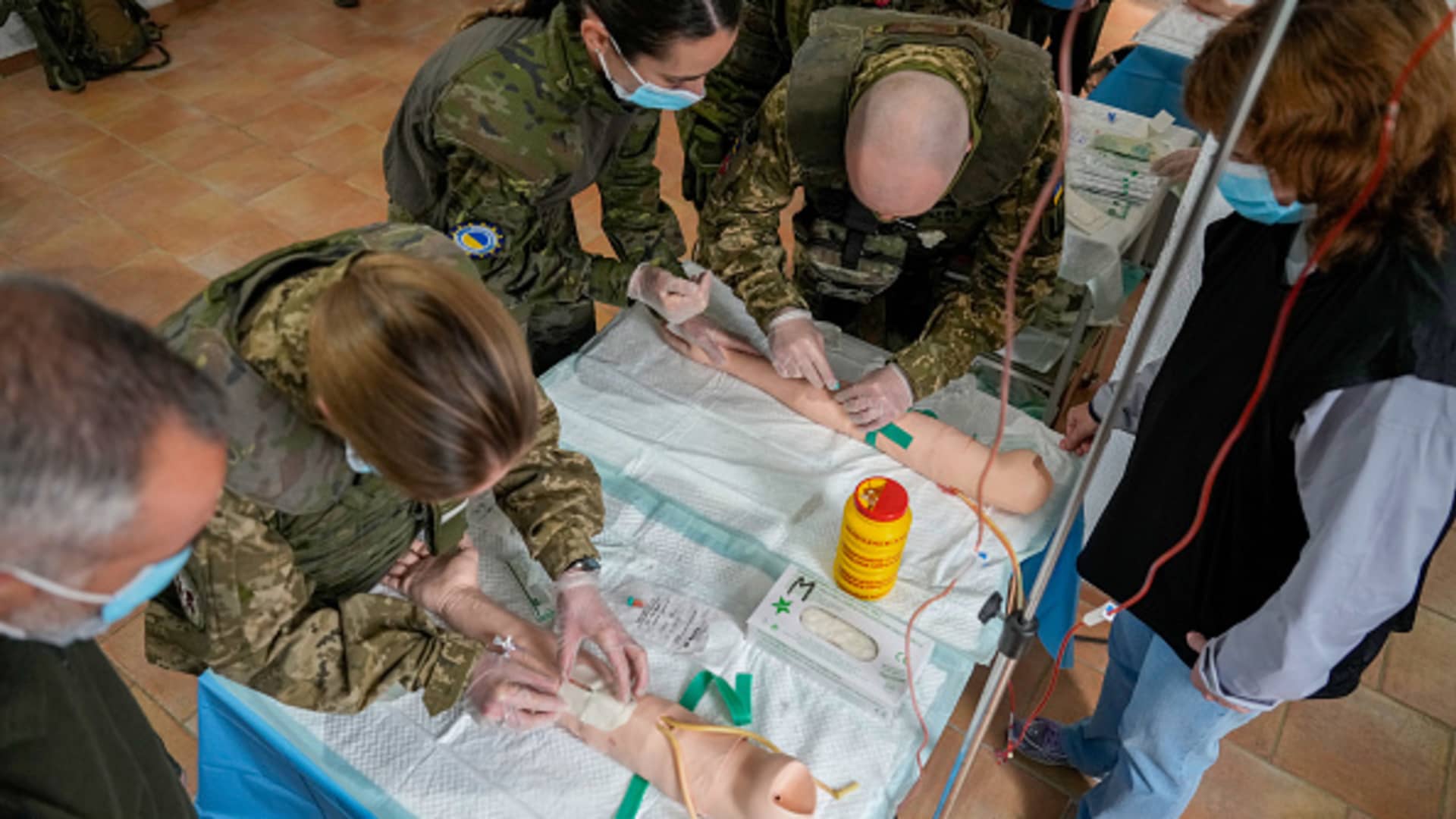 Ukrainian military personnel during medical training conducted by the Spanish military at at Toledo infantry academy in Toledo, Spain, on Friday, March 24, 2023. 