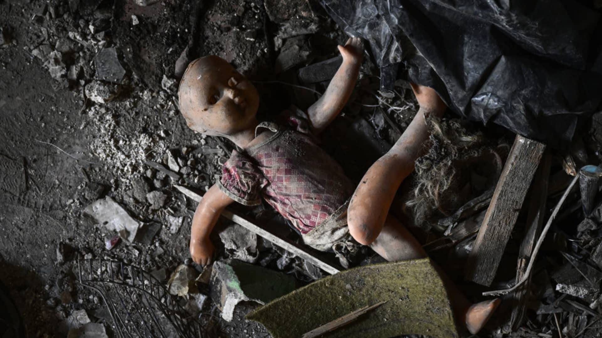 A doll is seen inside the damaged building after Russian attacks in Zaporizhzhia, Ukraine on March 22, 2023.