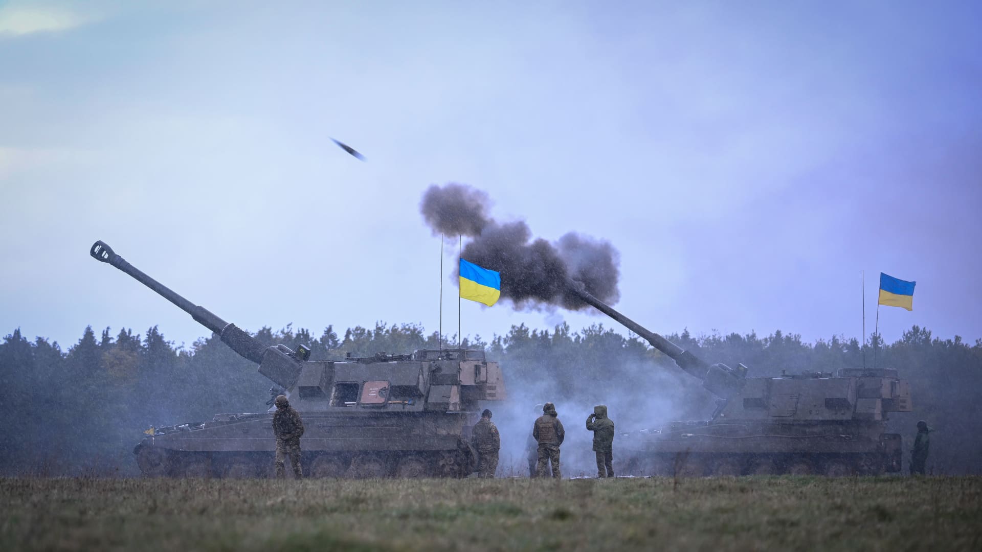 Ukrainian troops live fire the AS90 during their final training, on March 24, 2023 in South West, England. Ukrainian artillery recruits come to the end of their training on AS90 155mm self-propelled gun. 