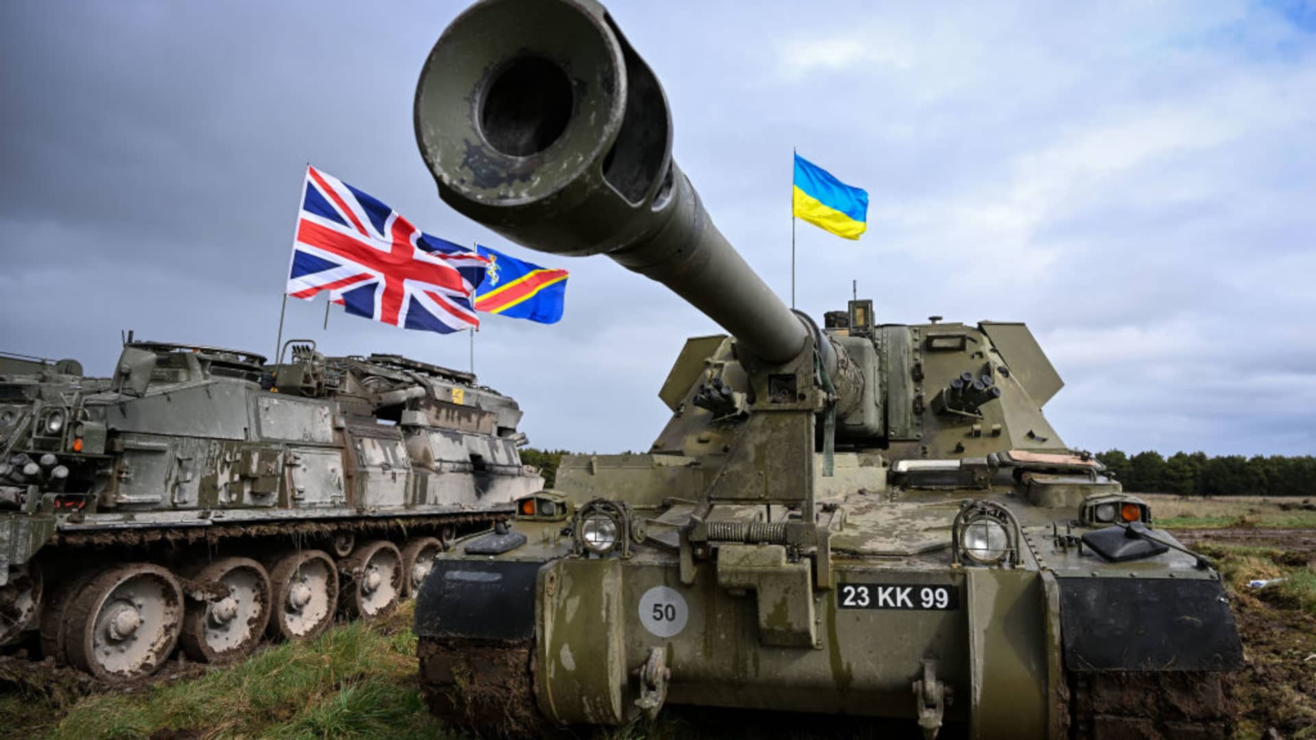 An AS90 155mm self-propelled gun is seen, on March 24, 2023 in South West, England. Ukrainian artillery recruits come to the end of their training on AS90 155mm self-propelled gun. 