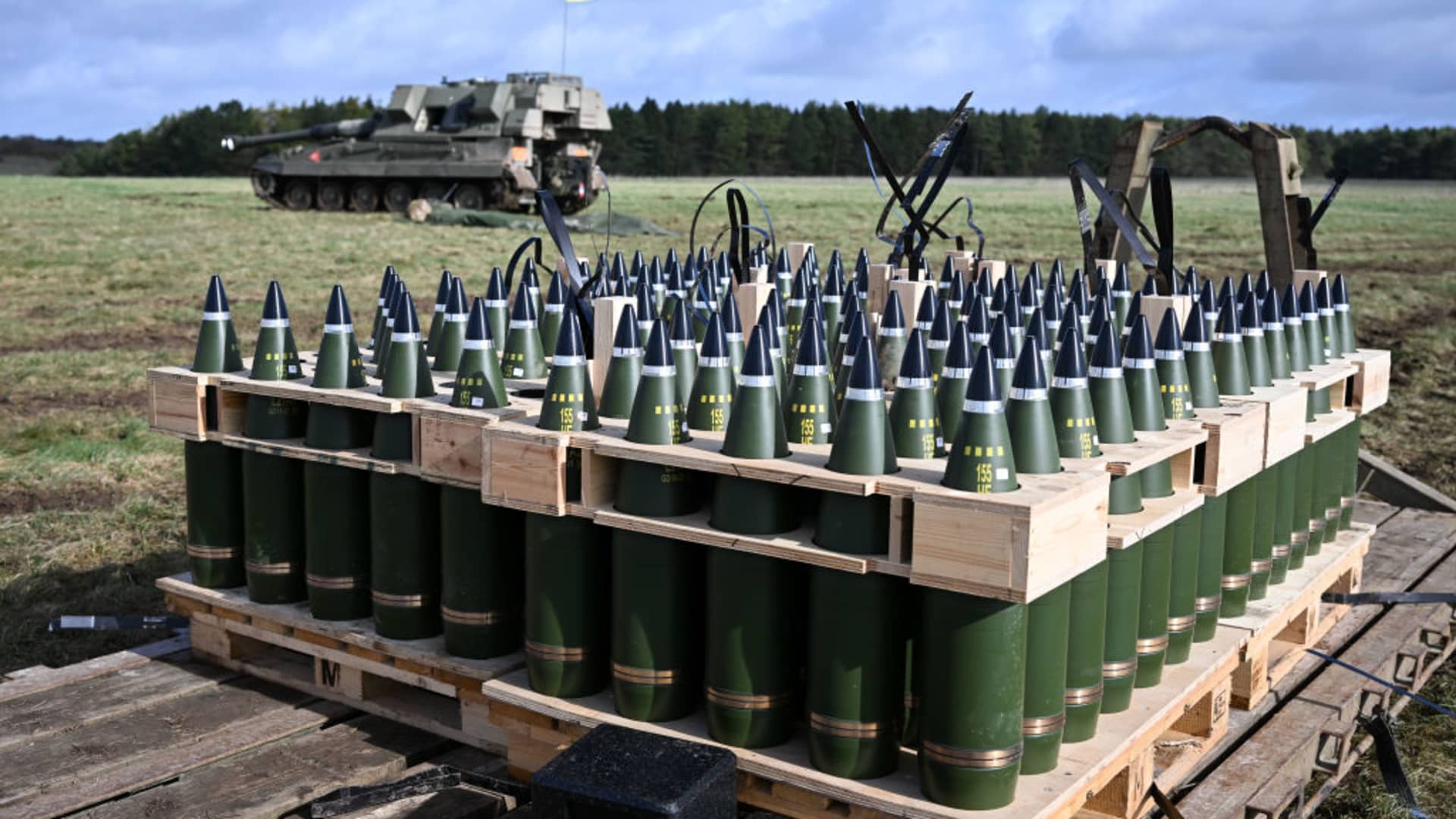 Ammunition is seen during live fire training with the AS90, on March 24, 2023 in South West, England. 