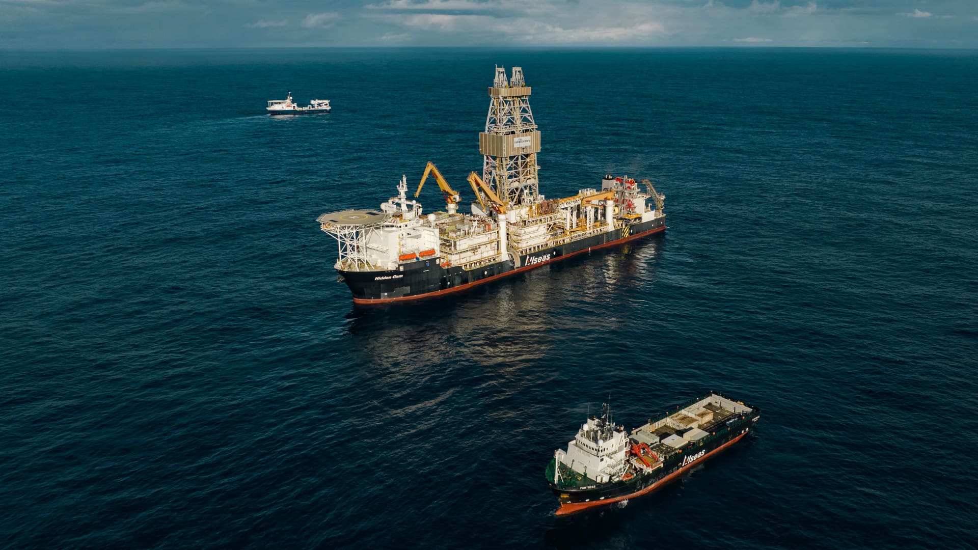 These three vessels, owned by The Metals Company's strategic partner Allseas, are seen here performing a pilot nodule collection system trial and environmental monitoring program for The Metals Company. Photo courtesy The Metals Company.
