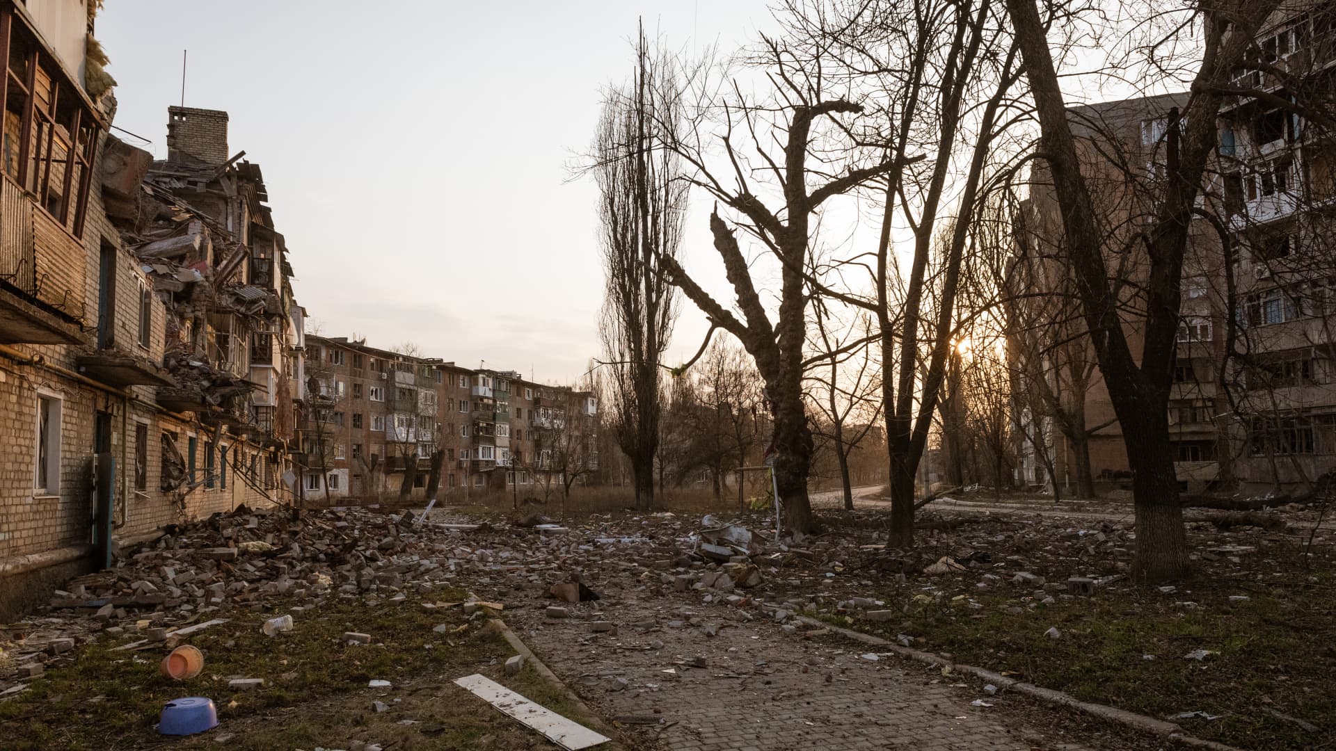 Residential buildings damaged by Russian strikes in the front-line city of Avdiivka on March 23, 2023, in Ukraine.