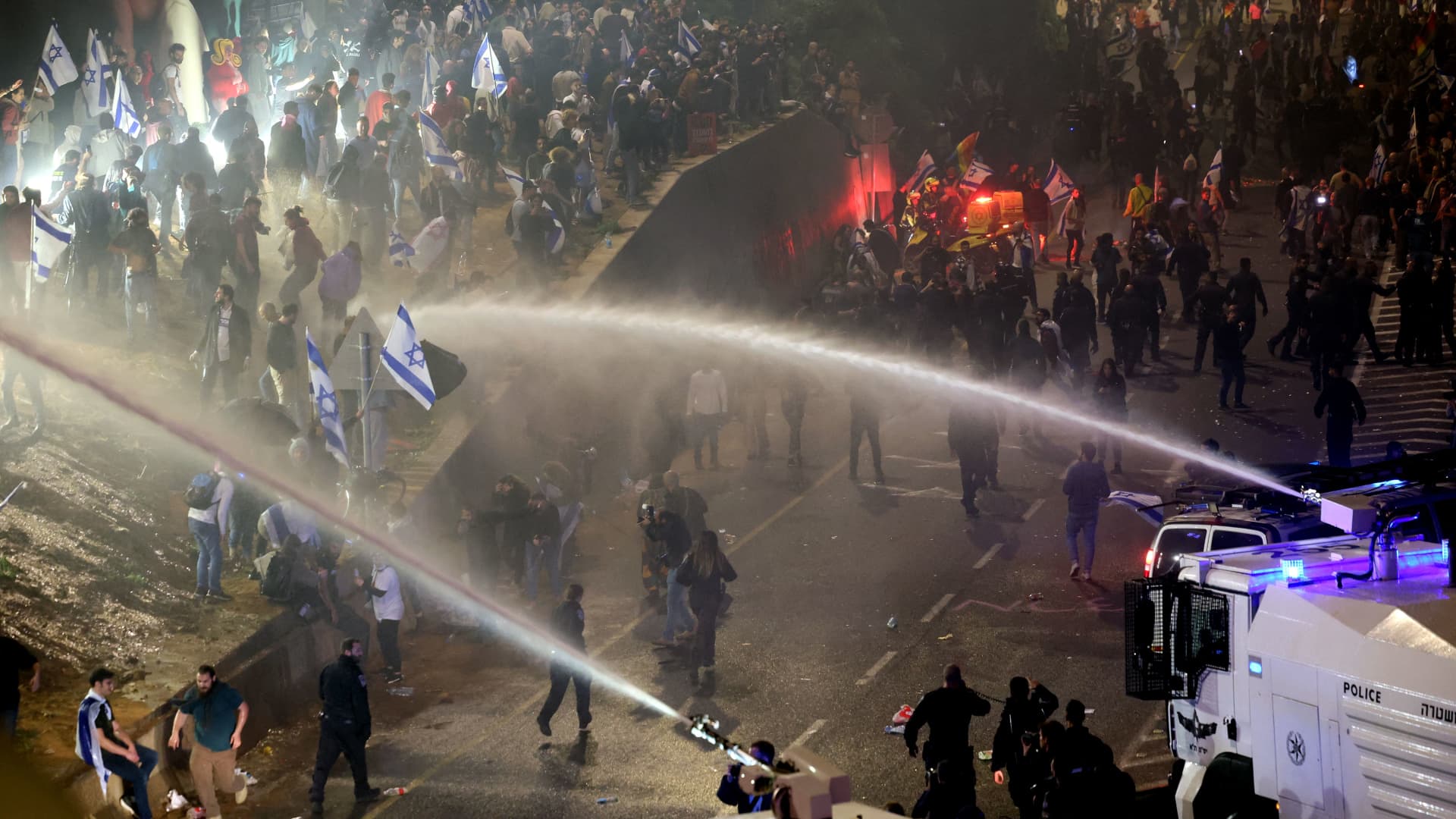 Protesters clash with the police during a rally against the Israeli government's judicial reform in Tel Aviv, Israel on March 27, 2023.