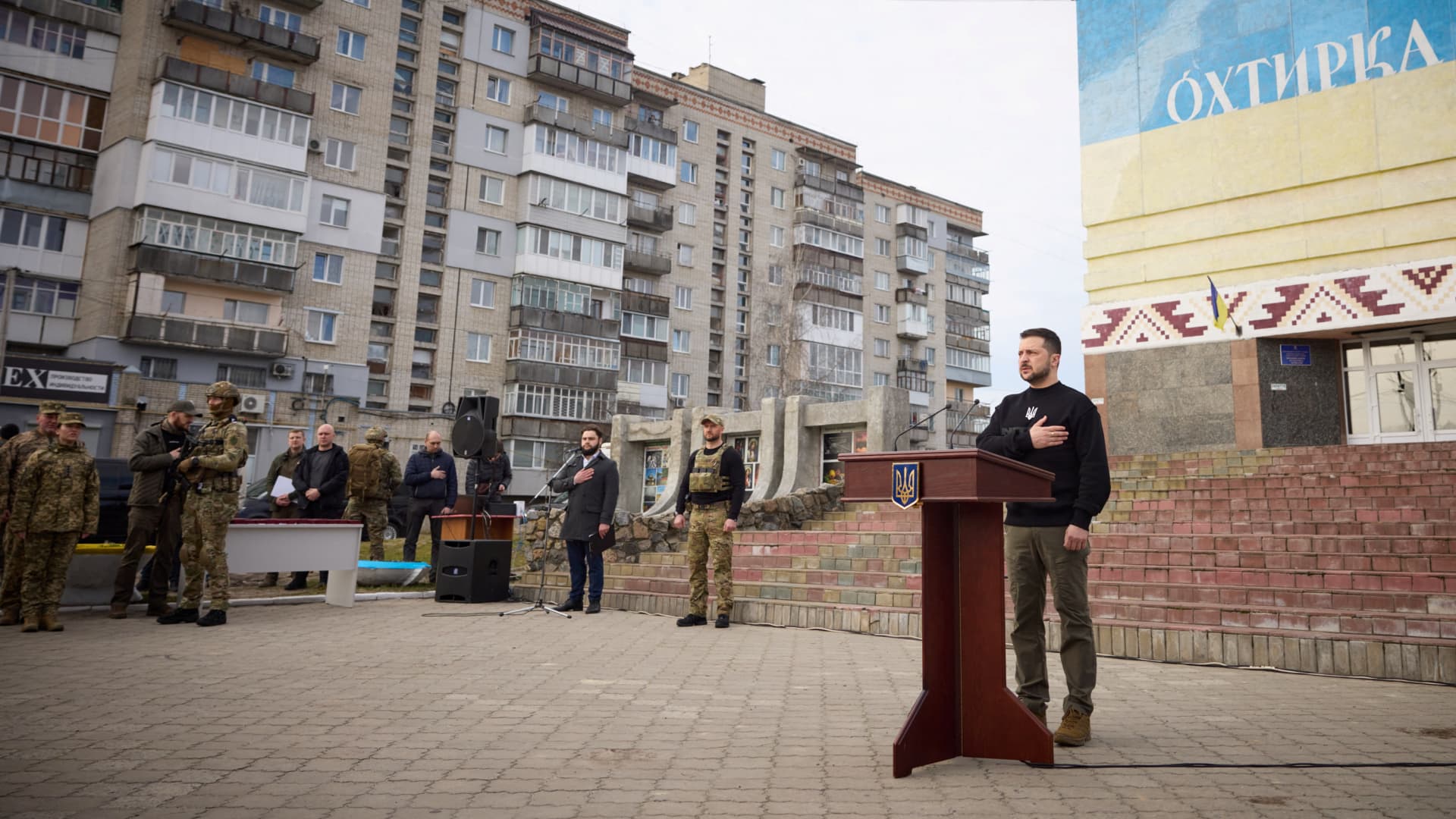Ukraine's President Volodymyr Zelenskyy visits in the town of Okhtyrka, amid Russia's attack on Ukraine, in Sumy region, Ukraine March 28, 2023.