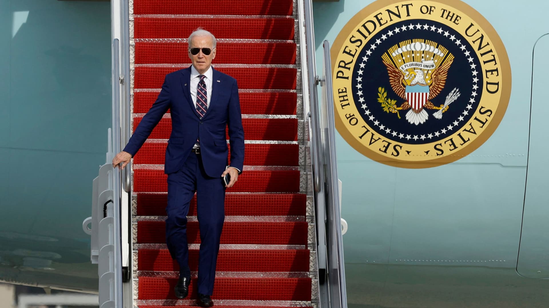 U.S. President Joe Biden leaves Air Force One after arriving from North Carolina, at Joint Base Andrews, Maryland, March 28, 2023.