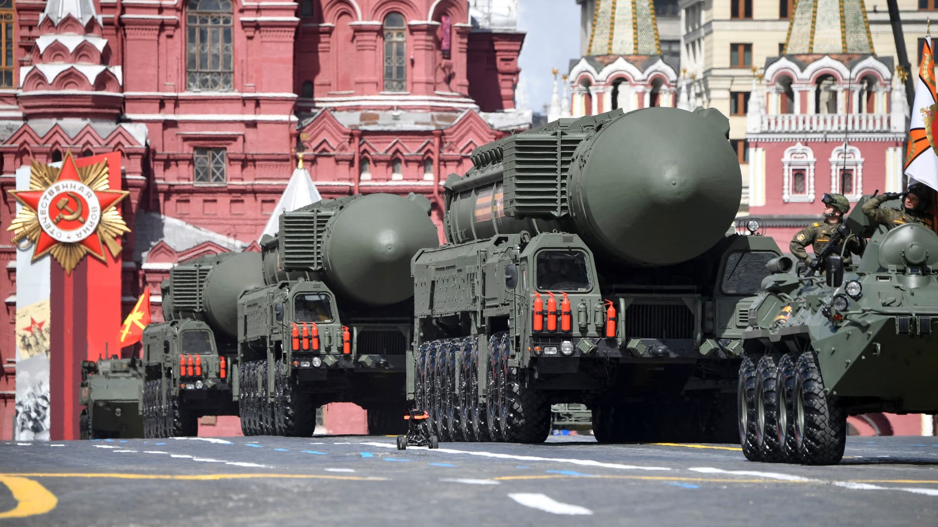 Russian Yars intercontinental ballistic missile launchers parade through Red Square during the Victory Day military parade in central Moscow on May 9, 2022.