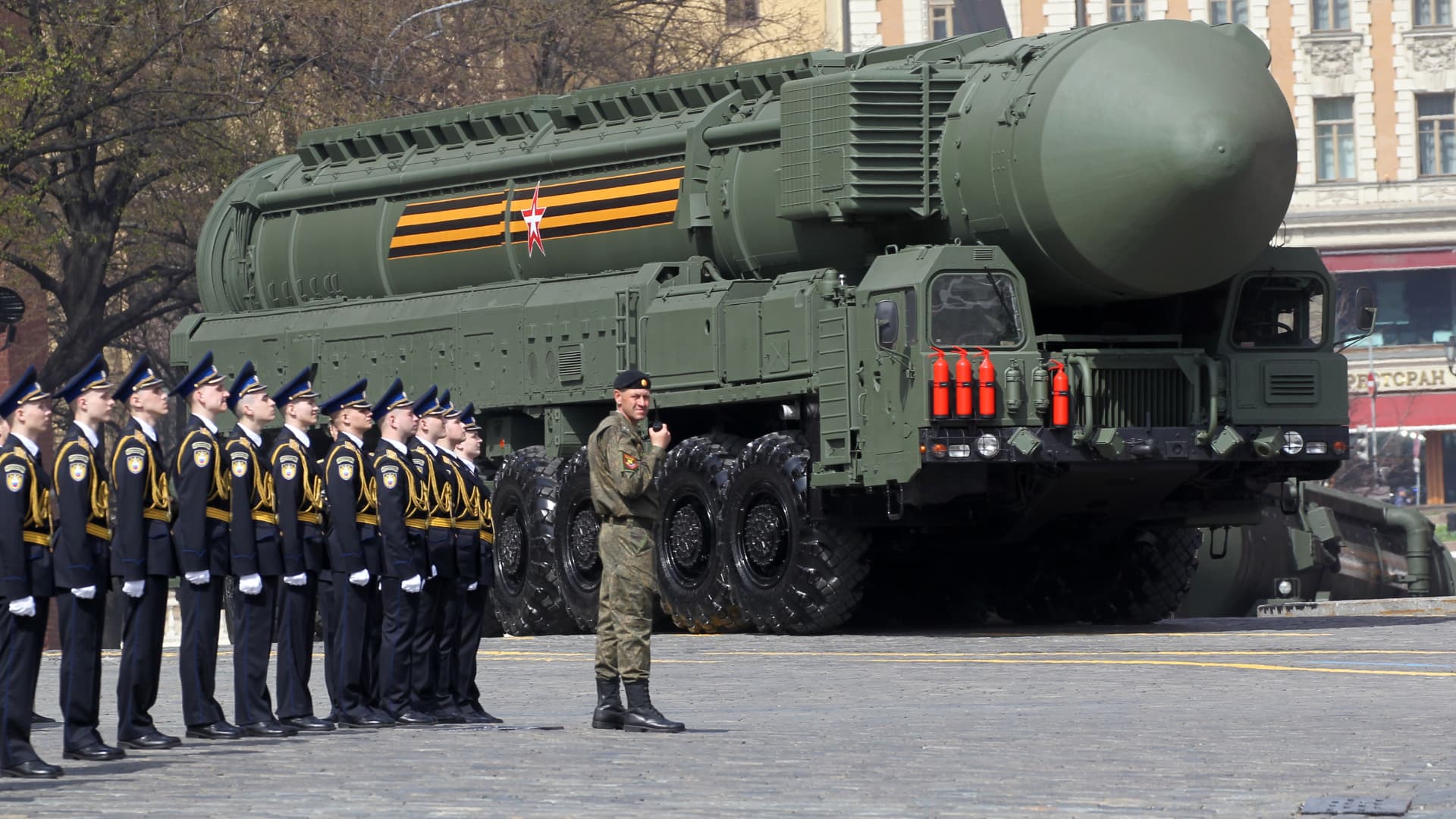 Russia's RS-24 Yars intercontinental ballistic missile complex during the Victory Day Parade main rehearsals on May 7, 2022, in Moscow.