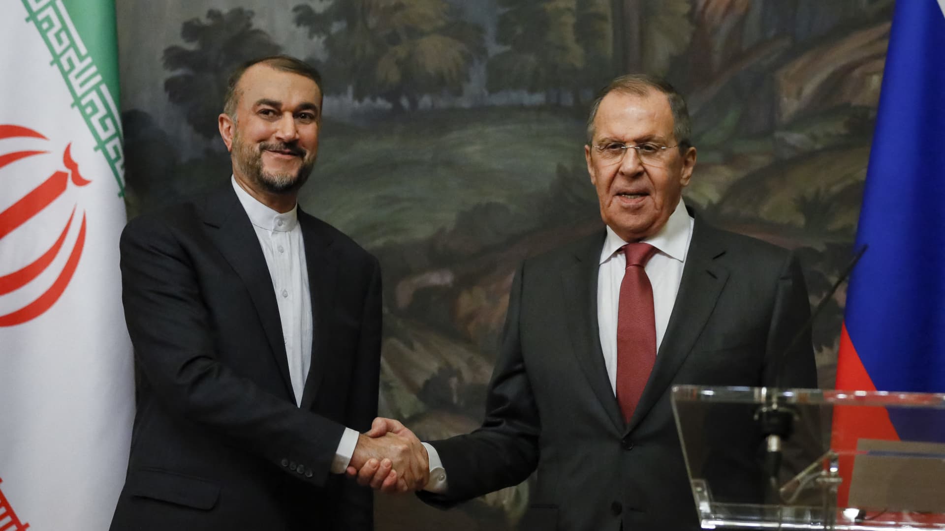 Russian Foreign Minister Sergei Lavrov and his Iranian counterpart Hossein Amir-Abdoulahian hold a joint press conference following their talks in Moscow on March 29, 2023.
