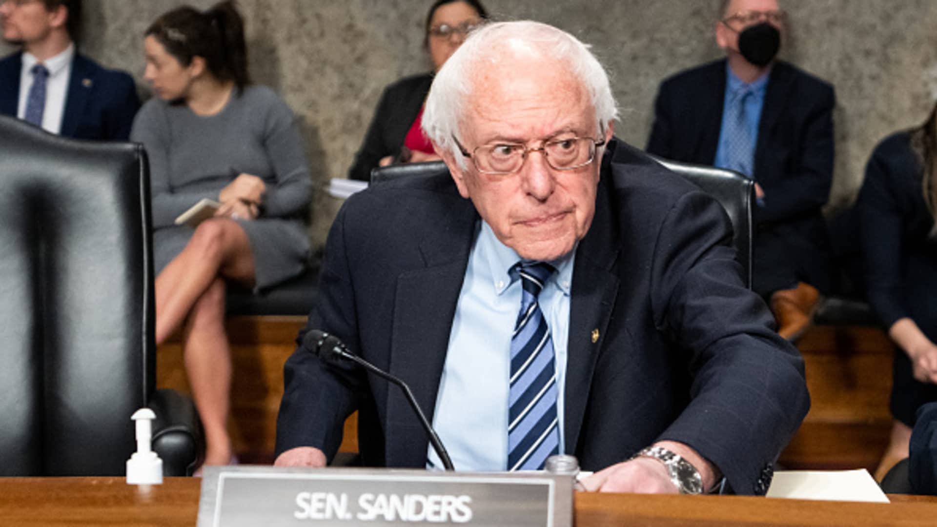 Chairman Sen. Bernie Sanders, I-Vt., prepares to gavel to order the Senate Health, Education, Labor and Pensions Committee hearing on No Company is Above the Law: The Need to End Illegal Union Busting at Starbucks in the Dirksen Senate Office Building on Wednesday, March 29, 2023.