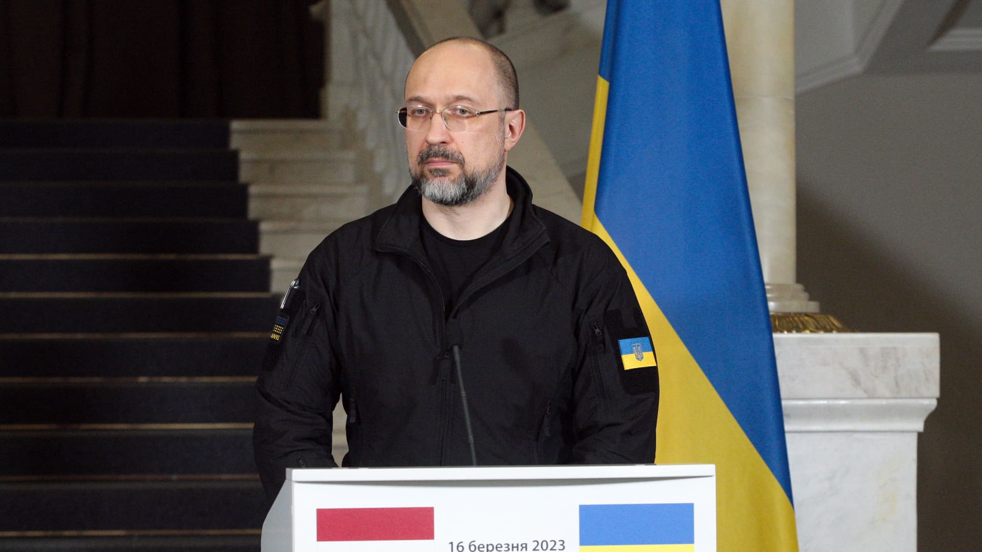 Prime Minister of Ukraine Denys Shmyhal attending a press conference in Kyiv on March 16, 2023.