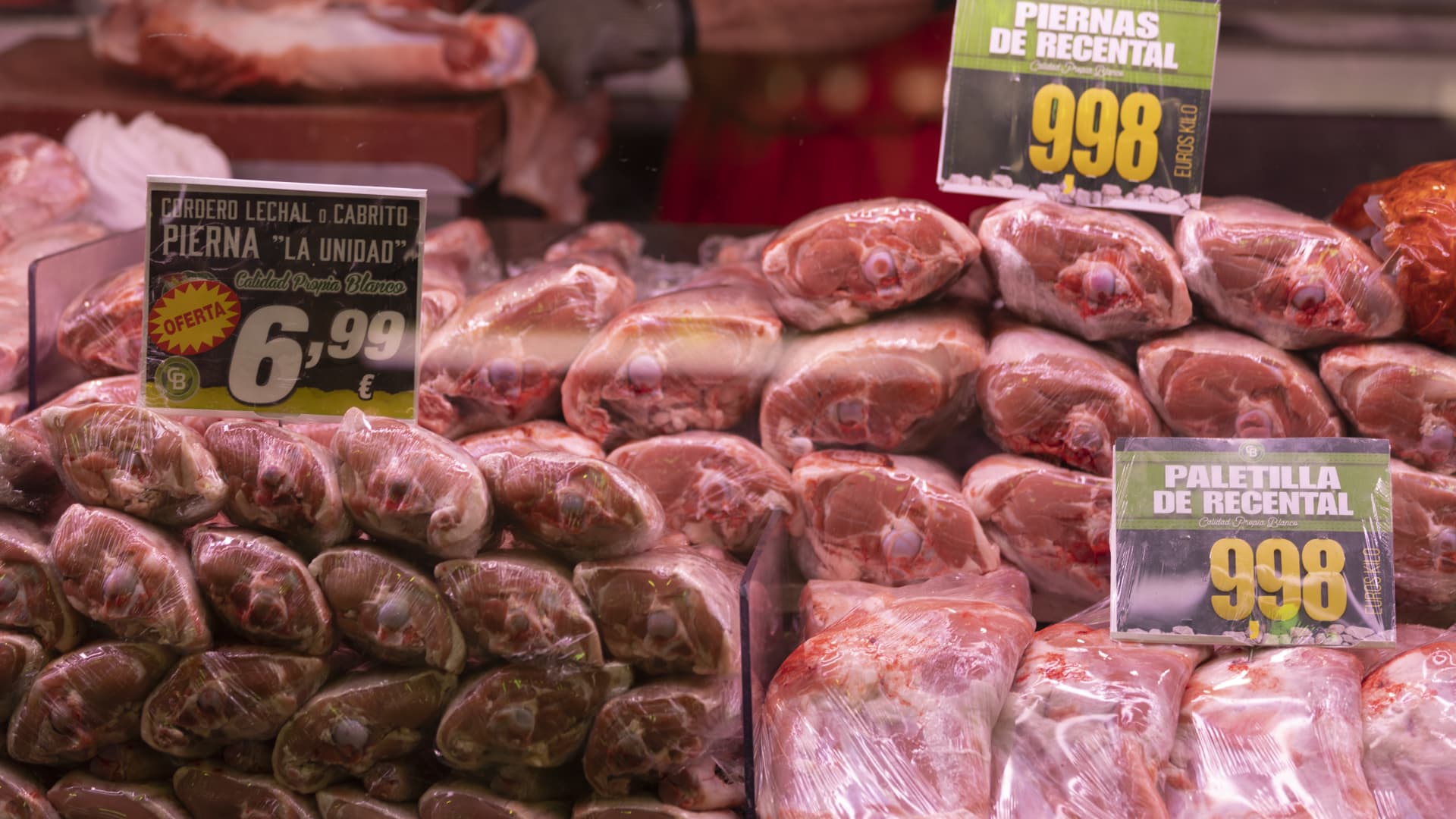 Lamb pieces displayed in a butcher's shop at a market stall on March 15, 2023, in Madrid, Spain.