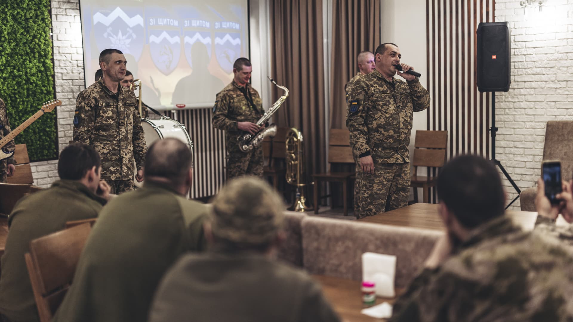 EASTERN UKRAINE, UKRAINE - MARCH 20: Ukrainian soldiers give a small concert for Ukrainian Army at a rehabilitation center in eastern Ukraine as Russia-Ukraine war continues on March 20, 2023. (Photo by Diego Herrera Carcedo/Anadolu Agency via Getty Images)