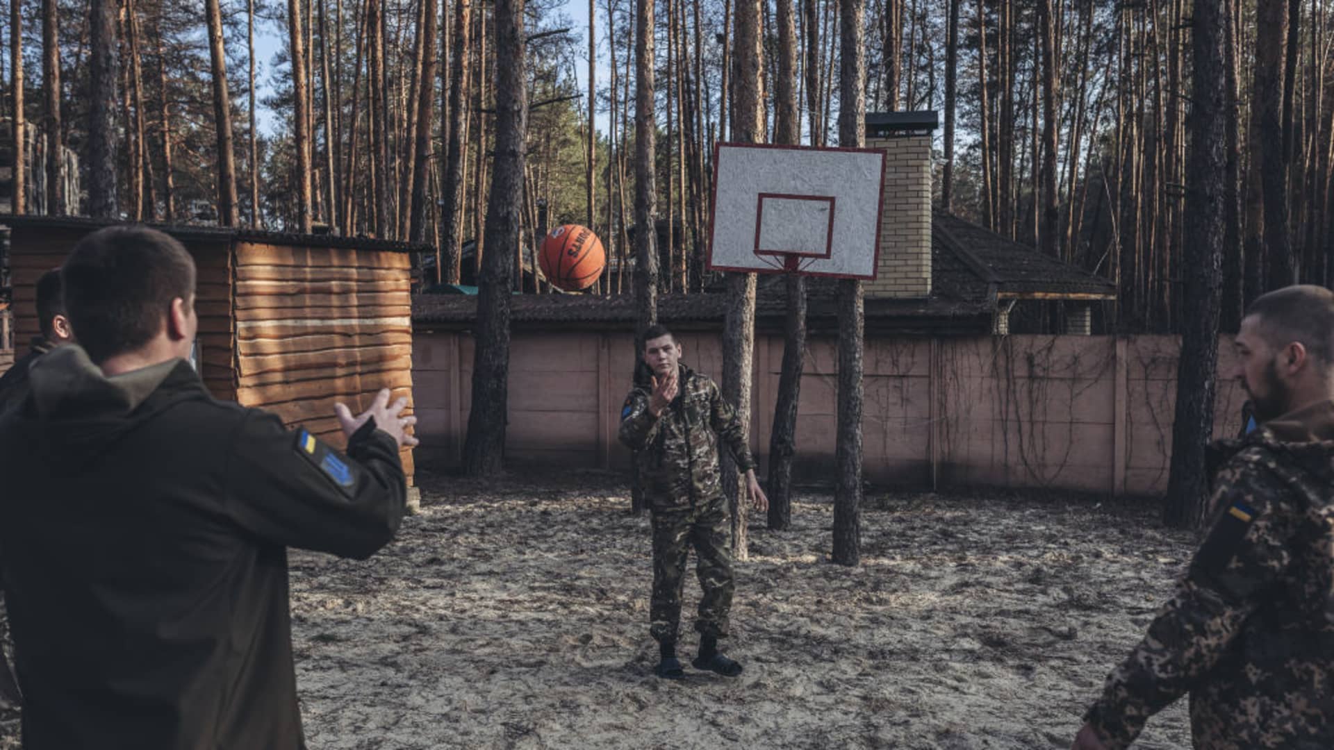 EASTERN UKRAINE, UKRAINE - MARCH 20: Ukrainian soldiers play basketball at a rehabilitation center in eastern Ukraine as Russia-Ukraine war continues on March 20, 2023. (Photo by Diego Herrera Carcedo/Anadolu Agency via Getty Images)