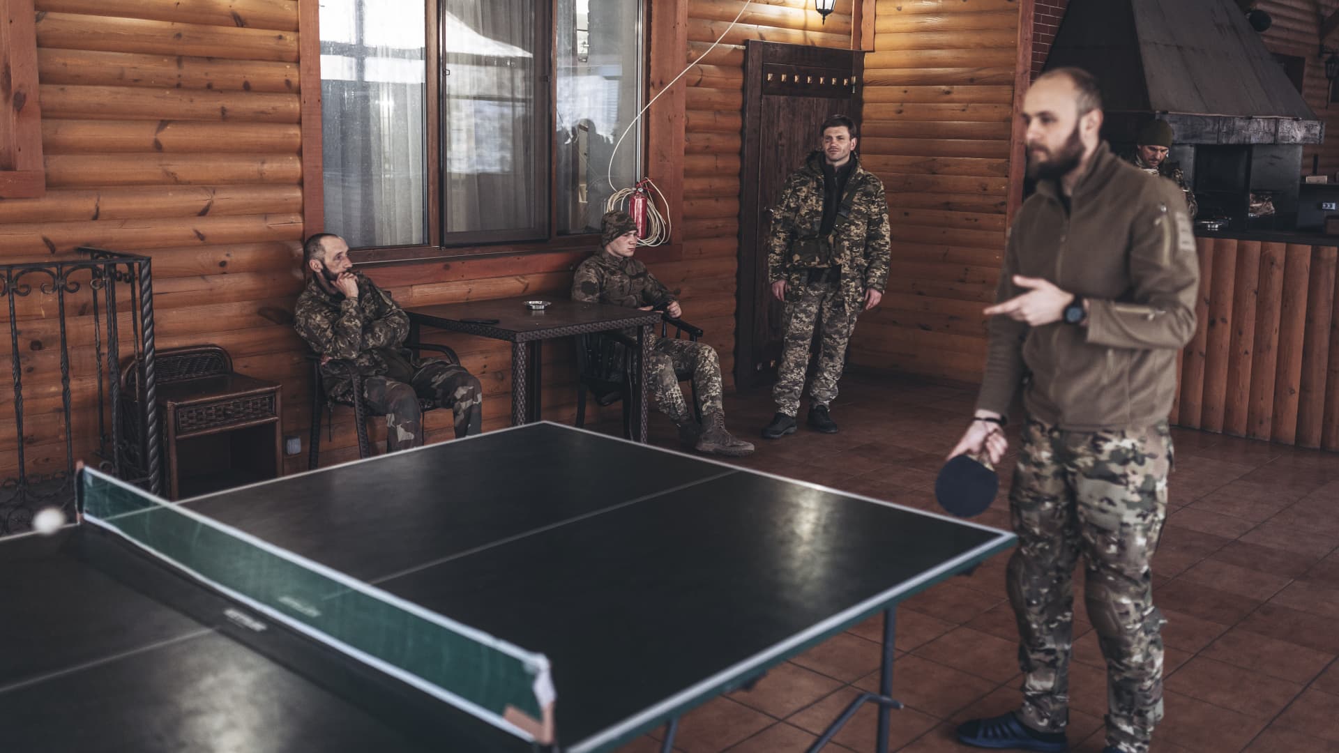 EASTERN UKRAINE, UKRAINE - MARCH 20: Ukrainian soldiers play table tennis at a rehabilitation center in eastern Ukraine as Russia-Ukraine war continues on March 20, 2023. (Photo by Diego Herrera Carcedo/Anadolu Agency via Getty Images)