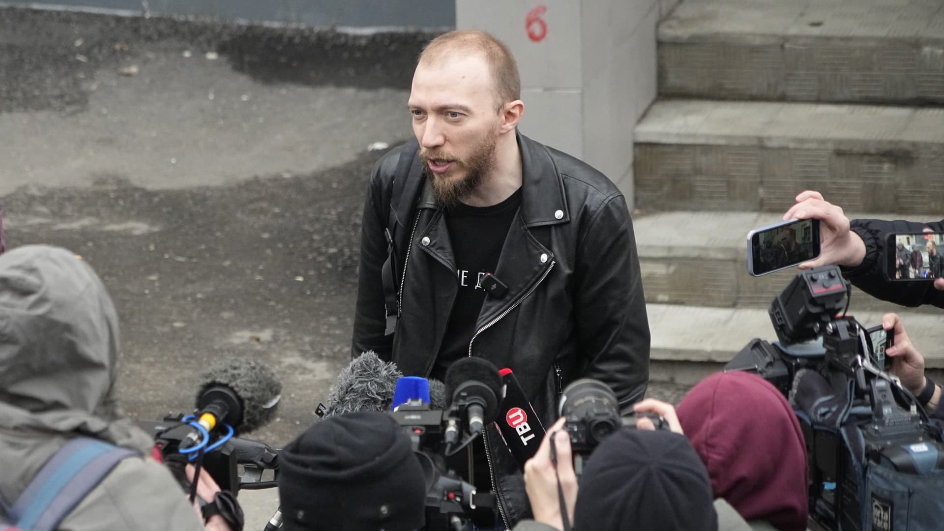 Daniil Berman, the lawyer of arrested Wall Street Journal reporter Evan Gershkovich, speaks to journalists near the Lefortovsky court, in Moscow, Russia, Thursday, March 30, 2023. Russia's top security agency says an American reporter for the Wall Street Journal has been arrested on espionage charges. 