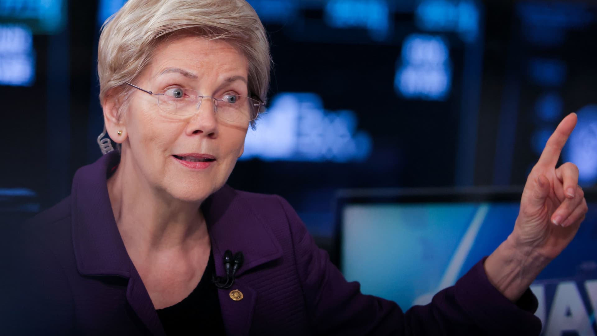 U.S. Senator Elizabeth Warren (D-MA) is interviewed on the trading floor at the New York Stock Exchange (NYSE) in New York City, U.S., March 31, 2023. 