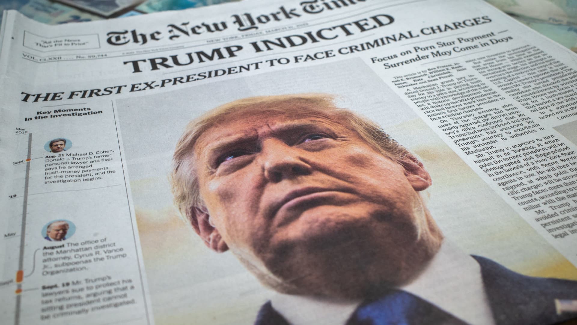 A New York Times newspaper is displayed at a newsstand following former U.S. President Donald Trump's indictment by a Manhattan grand jury following a probe into hush money paid to porn star Stormy Daniels, in New York City, U.S. March 31, 2023.
