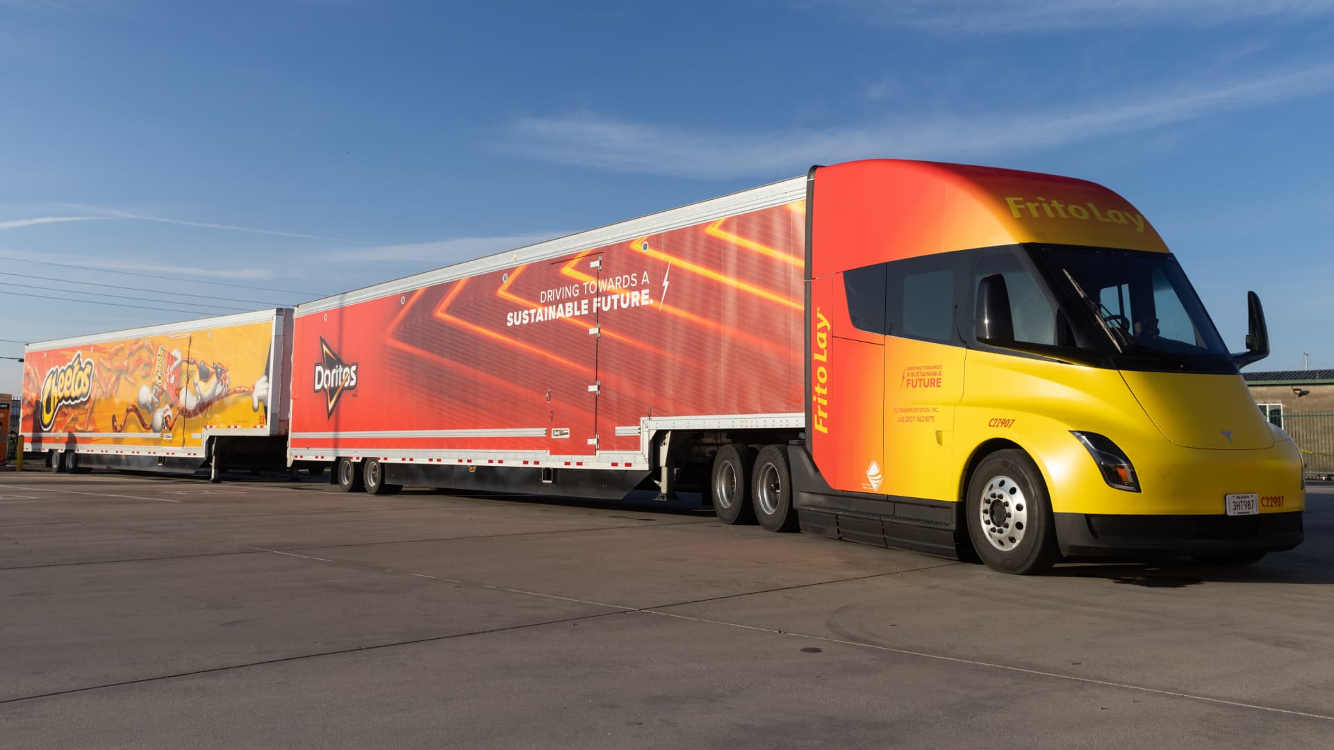 A Tesla Semi electric truck parked outside the Frito-Lay manufacturing facility in Modesto, California, US, on Wednesday, Jan. 18, 2023.
