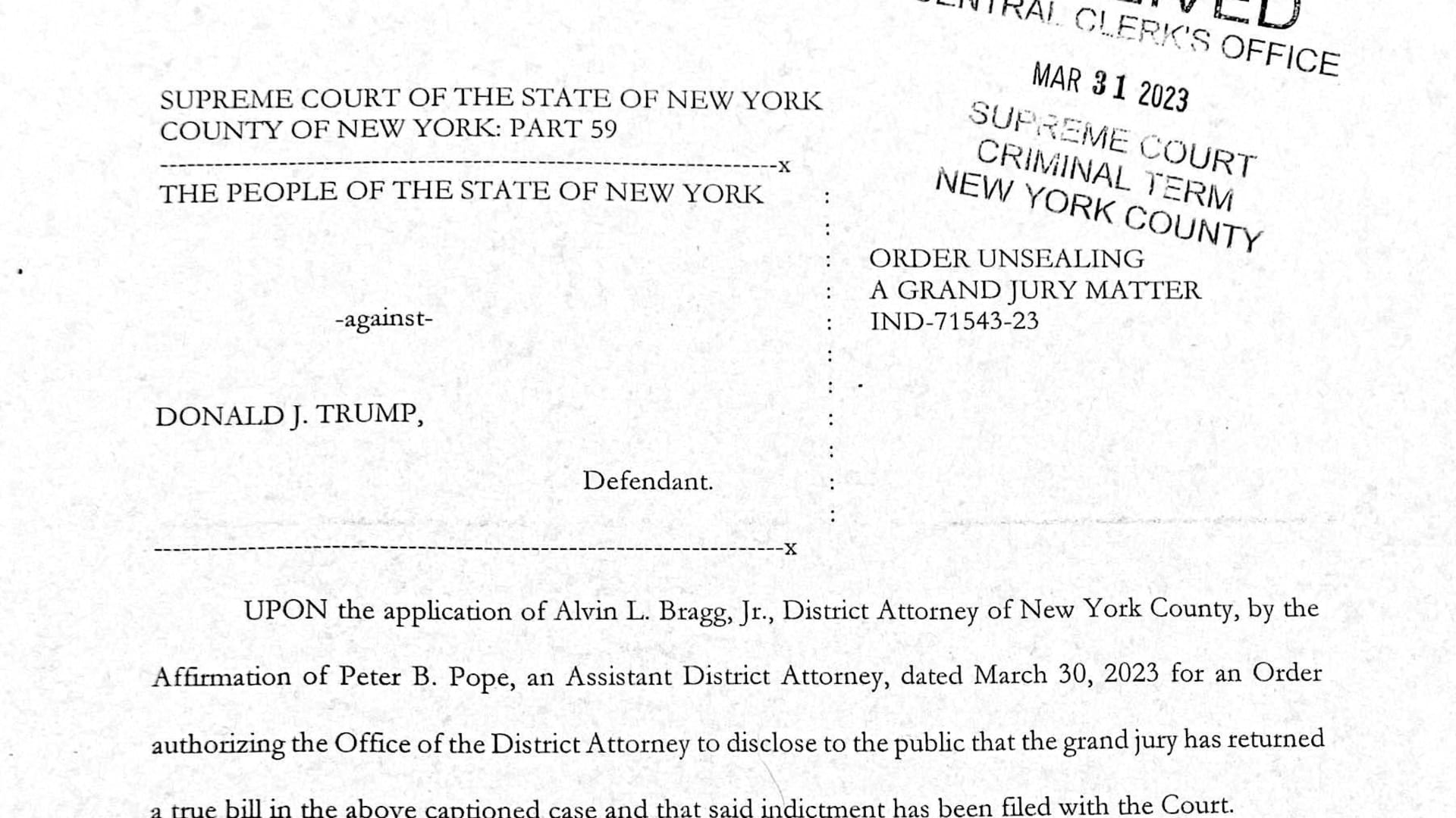 A court document dated March 30, 2023 shows the order authorizing Manhattan District Attorney Alvin Bragg to publicly disclose that former U.S. President Donald Trump was indicted, following a probe into hush money paid to porn star Stormy Daniels.