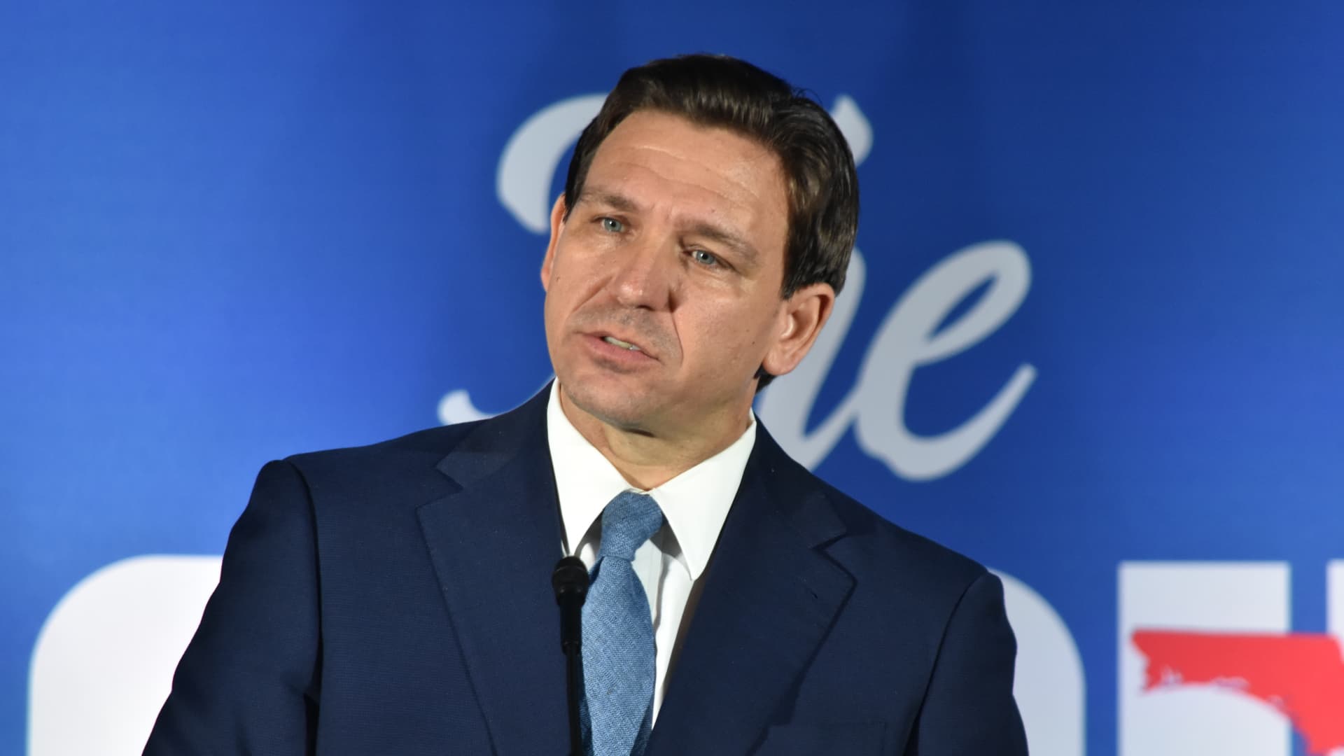 Florida Governor Ron DeSantis speaks during 'The Florida Blueprint' event on Long Island, New York, United States on April 1, 2023. Ron DeSantis made comments on the Grand Jury's indictment of Donald J. Trump, 45th President of the United States in Manhattan, New York. 