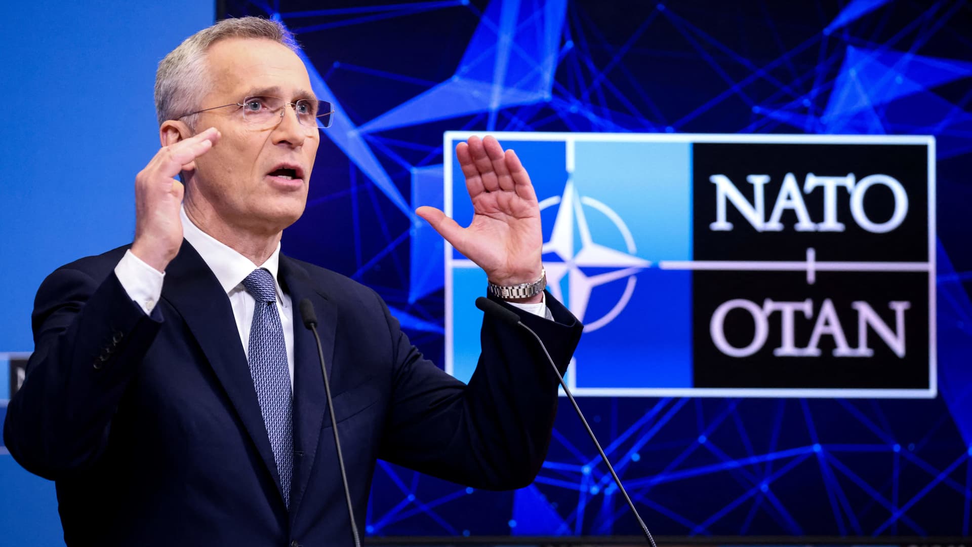 NATO Secretary General Jens Stoltenberg speaks during a press conference to present the next North Atlantic Council (NAC) Ministers of Foreign Affairs meeting at the NATO headquarters in Brussels on April 3, 2023. 