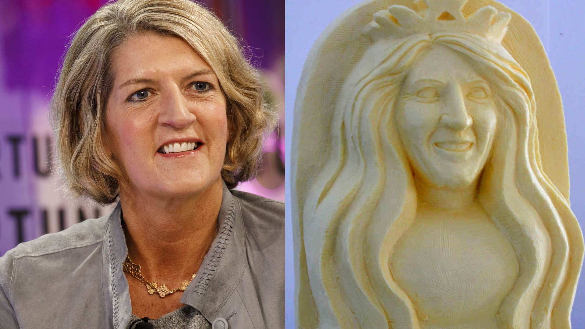 Beth Ford, chief executive officer of Land O'Lakes Inc. (L), and a butter sculpture of land o'lakes her.