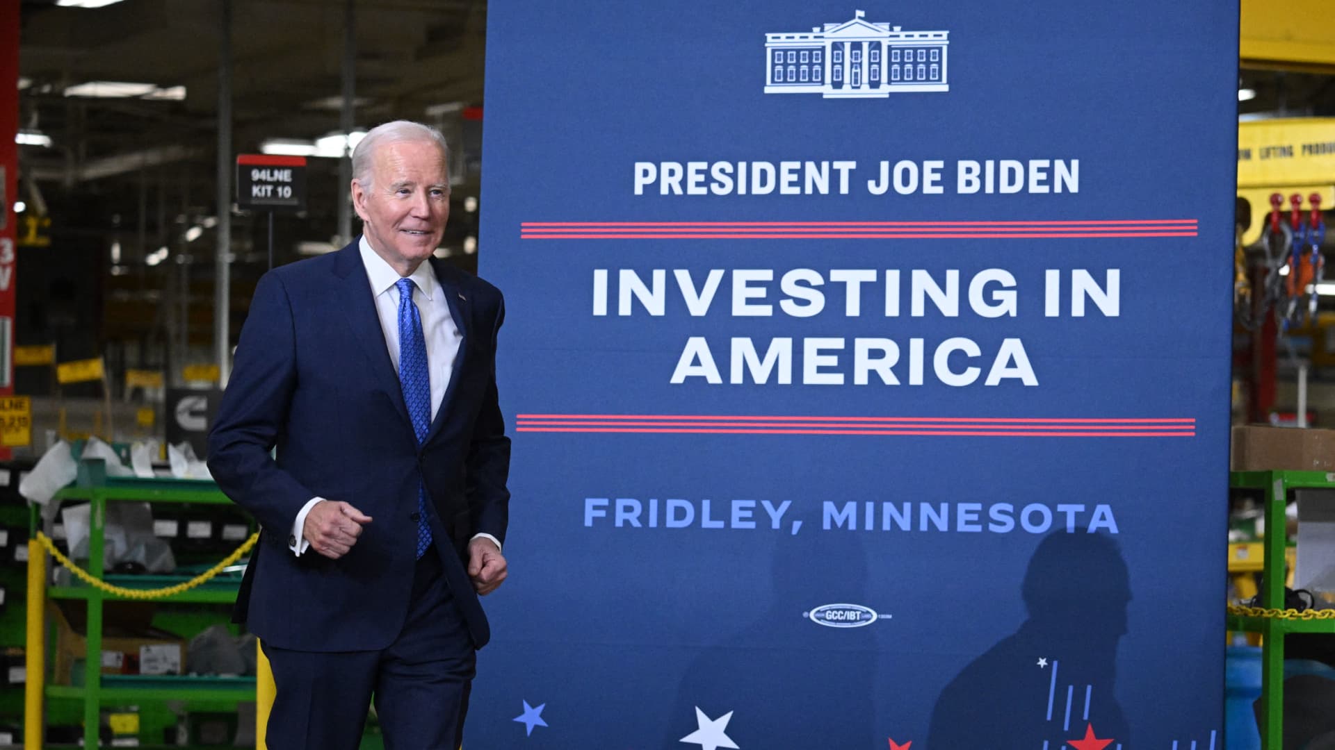 US President Joe Biden arrives to deliver remarks at the Cummins Power Generation Facility in Fridley, Minnesota, on April 3, 2023.