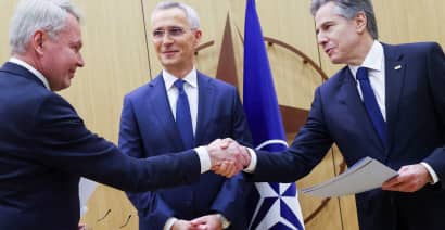 Finland becomes a member of NATO, doubling the military alliance's border with Russia