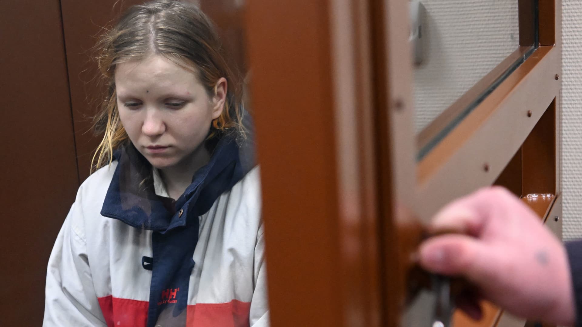 Darya Trepova, charged with terrorism over the April 2 bomb blast in a cafe in Saint Petersburg that killed military blogger Vladlen Tatarsky (real name Maxim Fomin), attends her remand hearing at the Basmanny district court in Moscow on April 4, 2023.