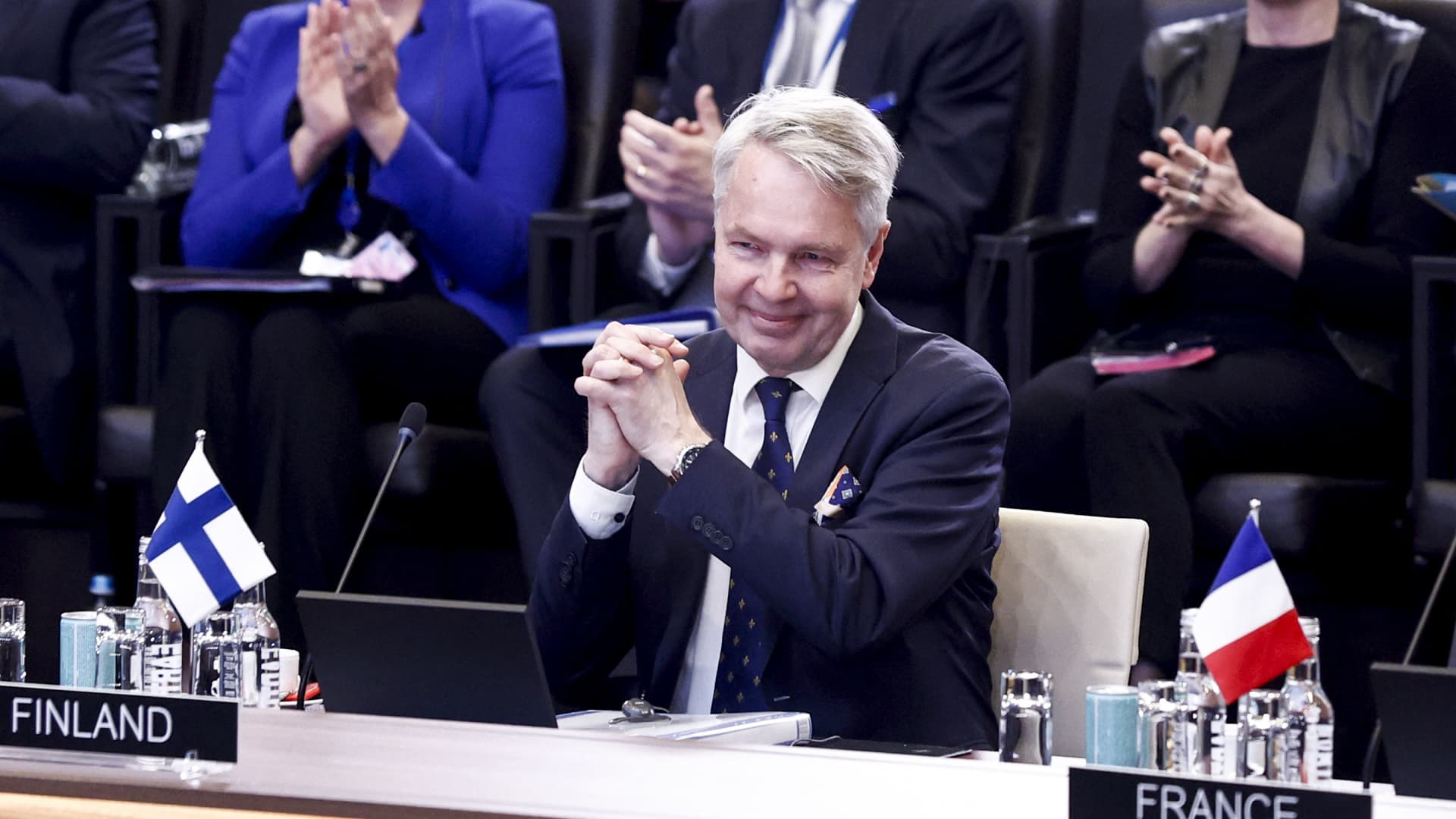 Finnish Foreign Affairs Minister Pekka Haavisto reacts during the North Atlantic Council (NAC) Ministers of Foreign Affairs meeting at the NATO headquarters in Brussels on April 4, 2023. 
