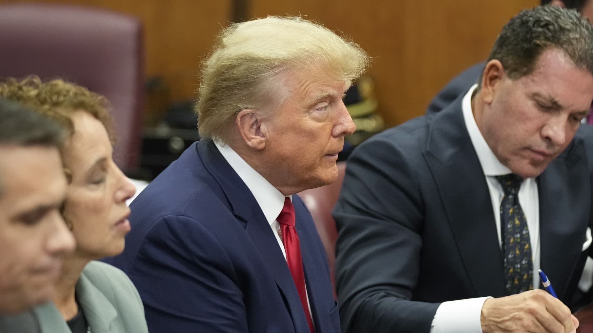 Former U.S. President Donald Trump appears in a Manhattan court during his arraignment on April 4, 2023, in New York City.