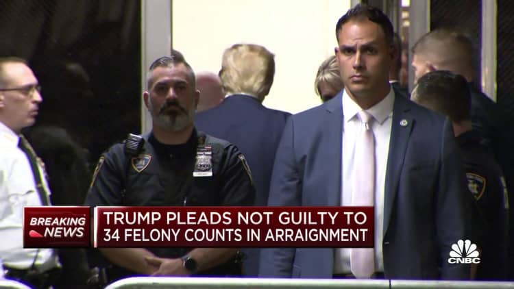Trump leaves courtroom after pleading not guilty to 34 felony counts in arraignment